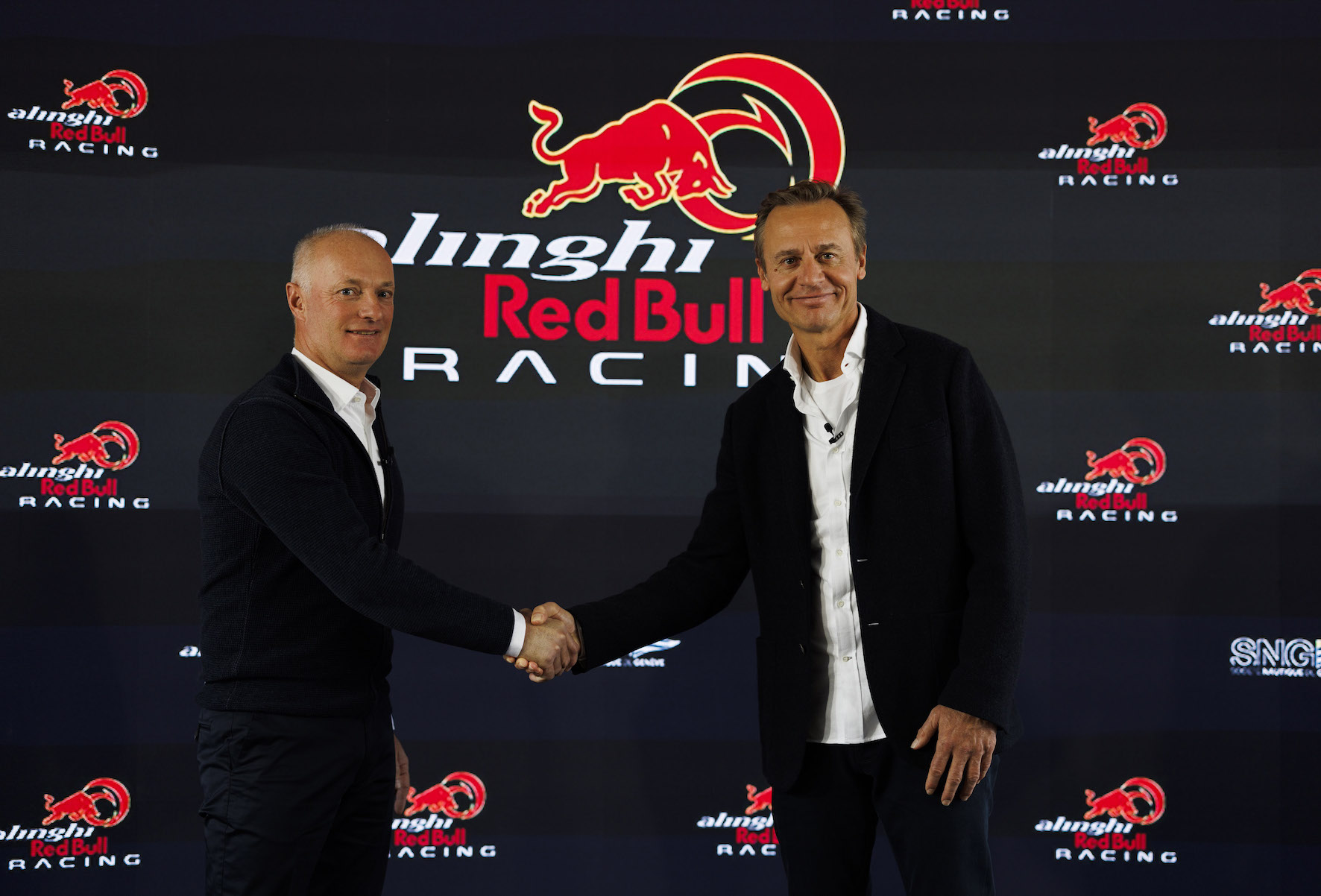 Ernesto Bertarelli of Switzerland and Hans Peter Steinacher of Austria and Alinghi Red Bull Racing seen during the press conference announcement to enter 37th Americas Cup in Geneva, Switzerland on December 14, 2021