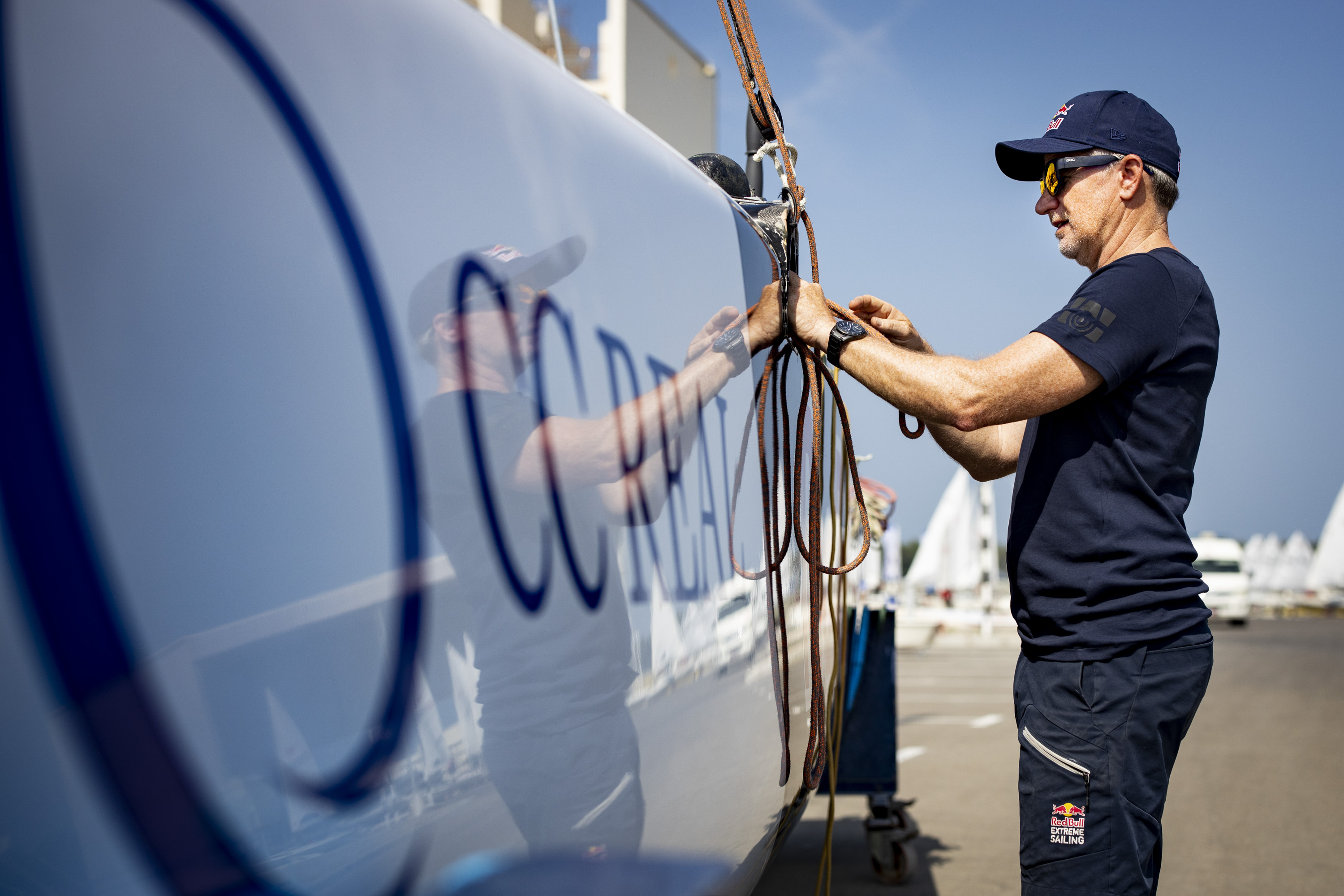 Double olympic gold medalist Roman Hagara of Austria and Red Bull Sailing Team seen during the GC32 foiling catamaran setup in Mussanah, Oman on Ferbruary 24, 2020