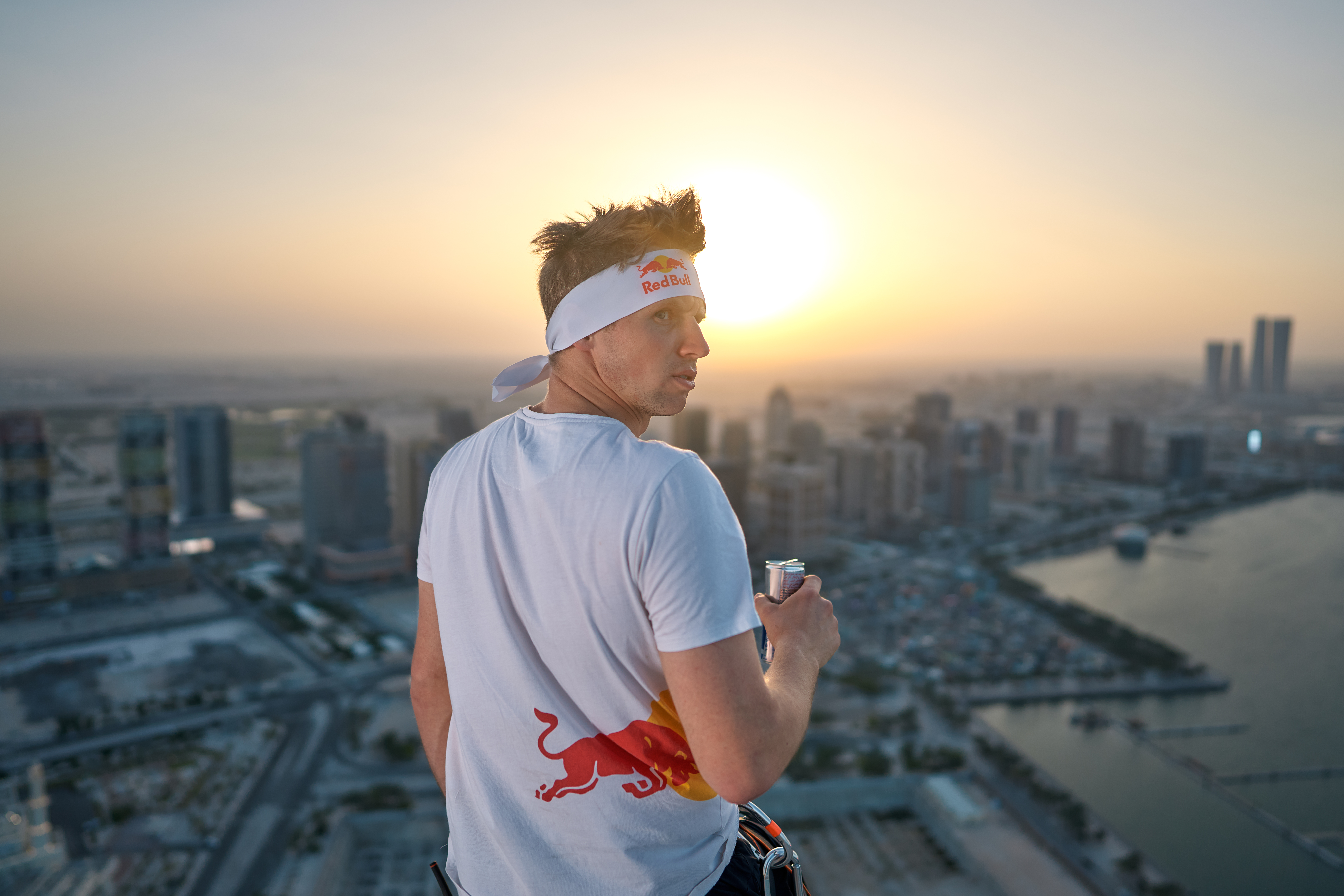 Jaan Roose (EST) poses for a portrait before slacklining between Crescent (Katara) building Towers in Doha, Qatar on 17 June, 2023. // Volodya Voronin / Red Bull Content Pool // SI202307240595 // Usage for editorial use only //