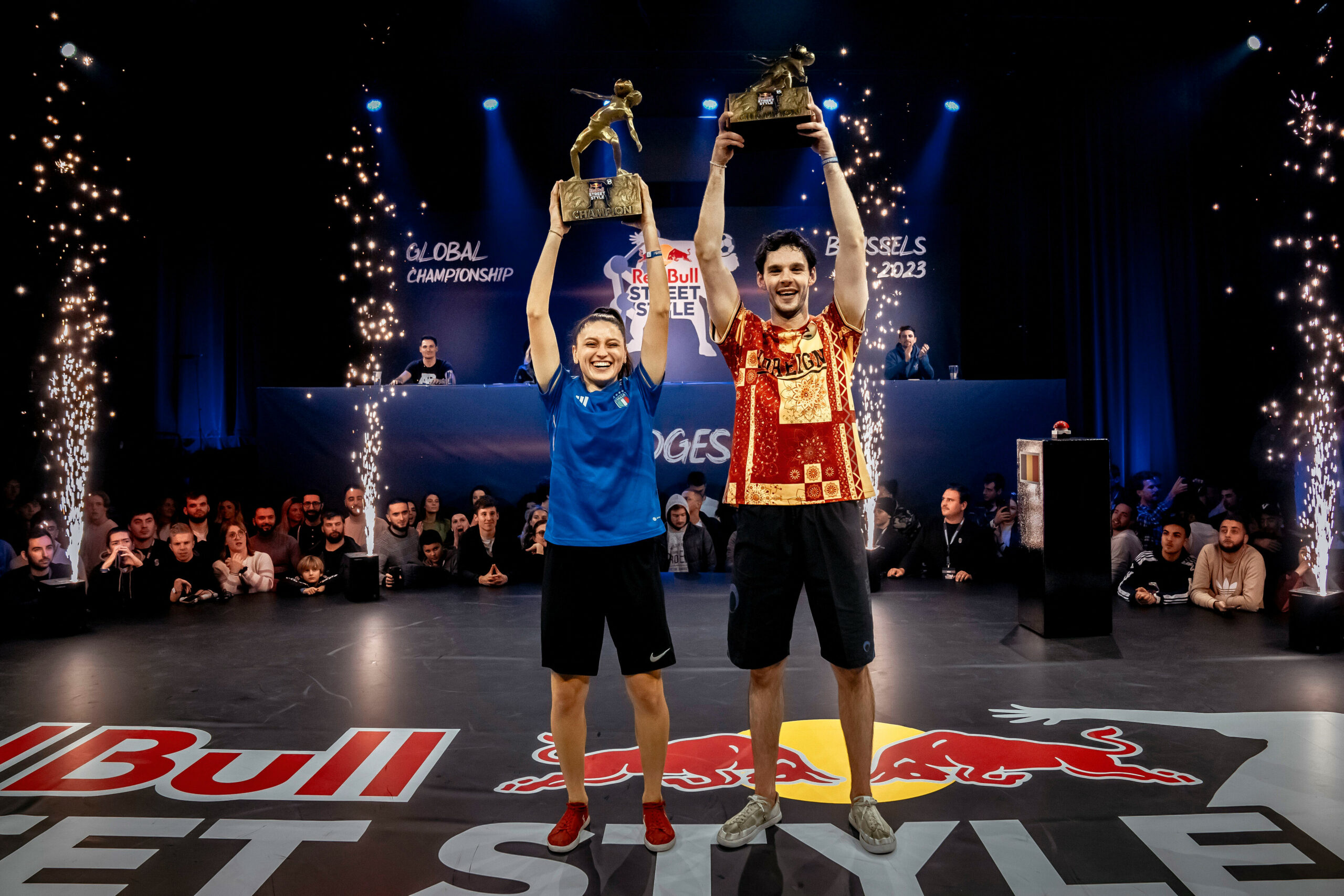 Winners celebrate on the podium at Red Bull Street Style Global Championship Final in Brussels, Belgium on December 7, 2023. // Stefaan Temmerman / Red Bull Content Pool // SI202312080014 // Usage for editorial use only //