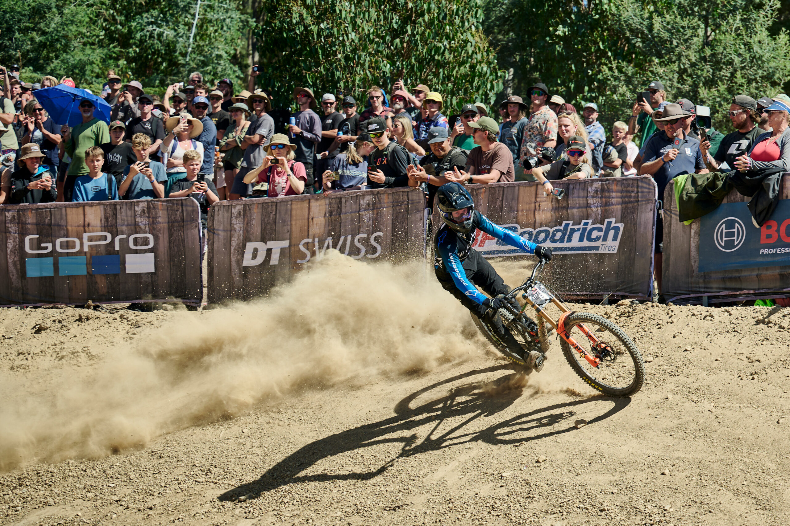 Ronan Dunne crosses the finish line during the Red Bull Hardline final at Maydena Bike Park on February 24, 2024 in Tasmania, Australia. // Brett Hemmings / Red Bull Content Pool // SI202402240027 // Usage for editorial use only //
