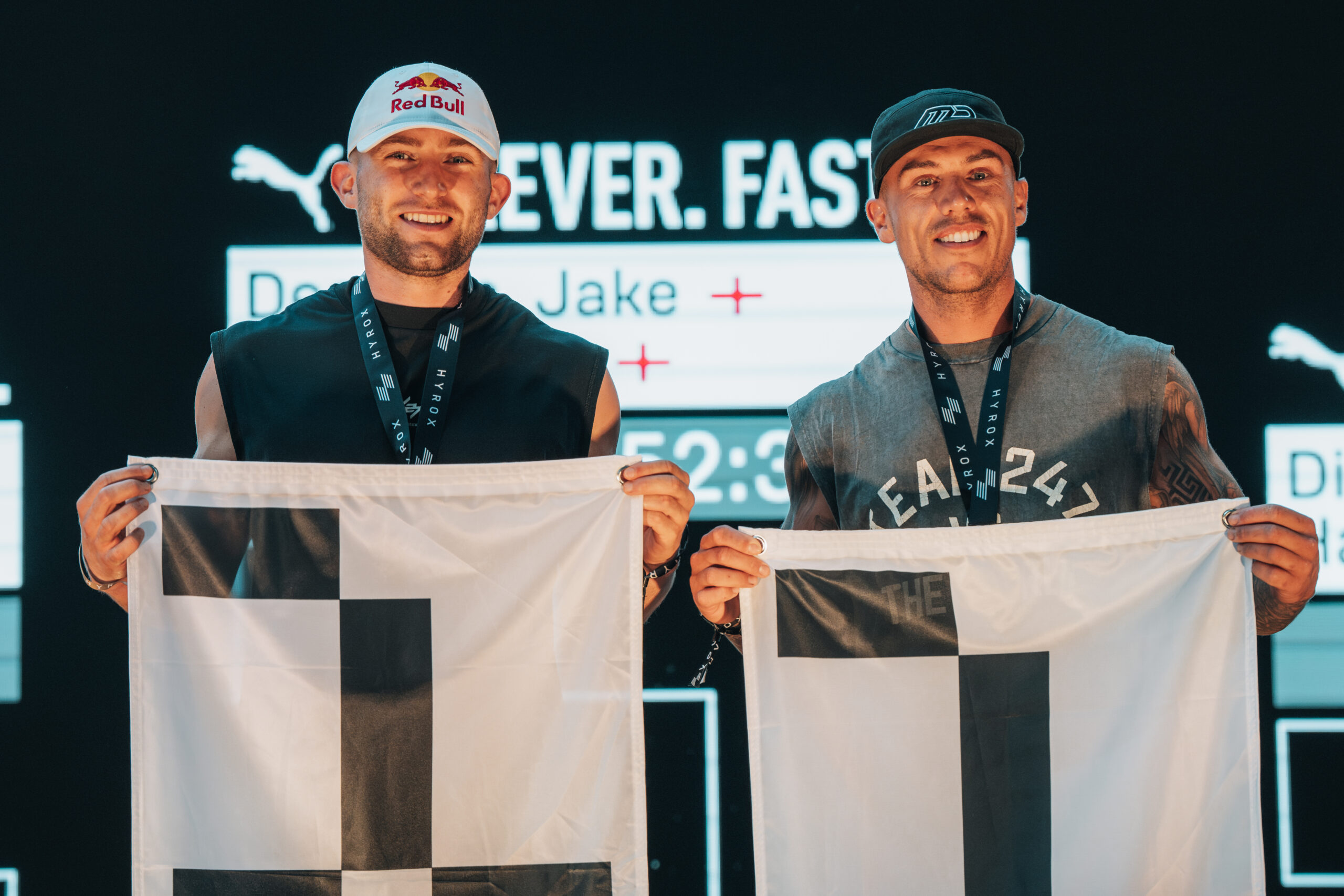 (L-R) Jake Dearden, Red Bull athlete, and Marc Deanat the Hyrox World Championship in Nice, France, on 9th June 2024. // SI202406100416 // RBMN / HYROX World Championships / 2024 / France // Baptiste Fauchille / Red Bull Content Pool