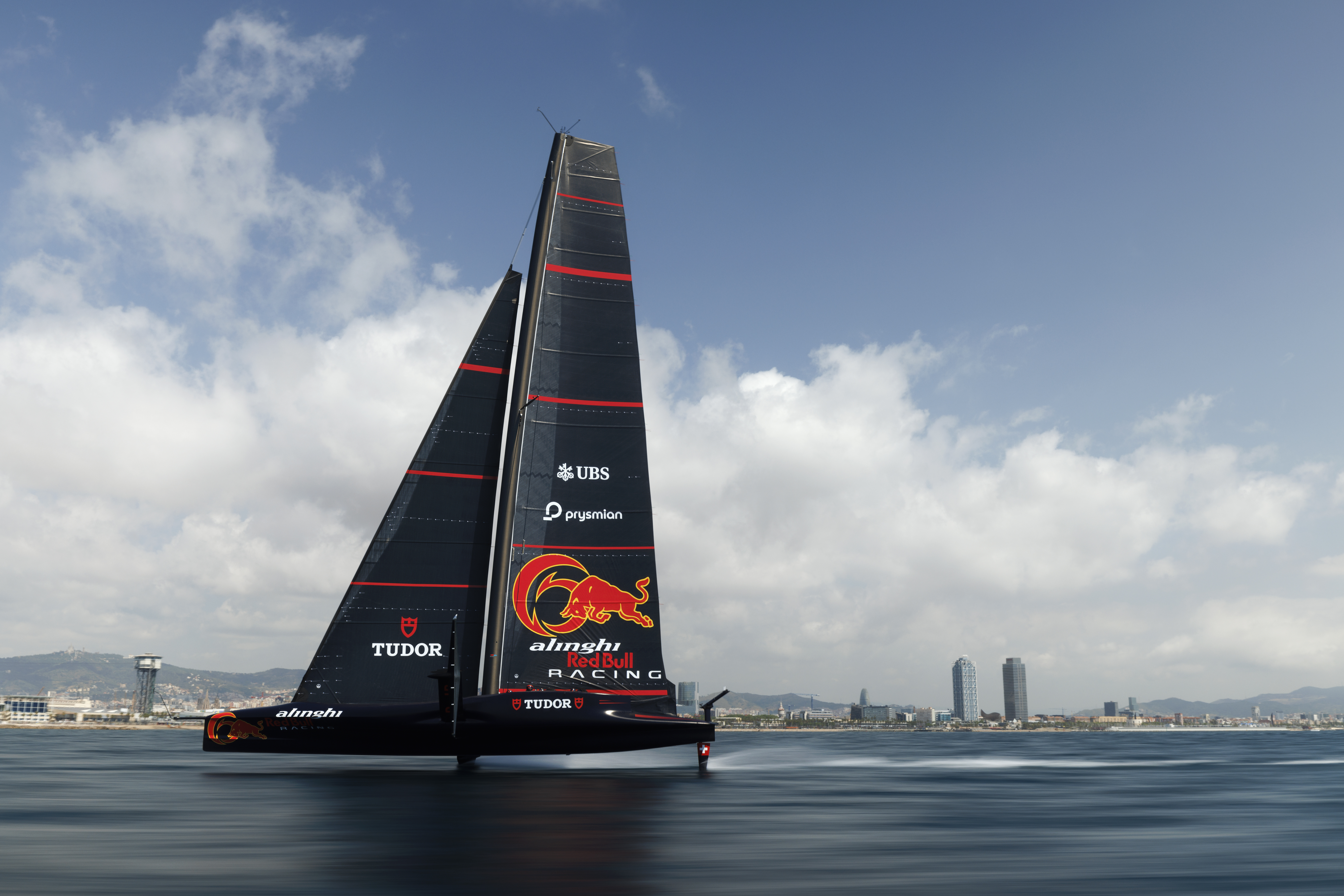 Alinghi Red Bull Racing AC75 BoatOne of Switzerland with Arnaud Psarofaghis and Maxime Bachelin performs in Barcelona, Spain on June 4,2024. // Samo Vidic / Alinghi Red Bull Racing // SI202406070120 // Usage for editorial use only //