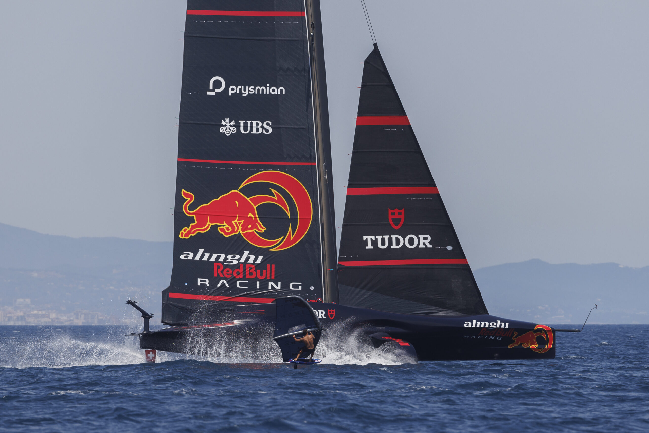 Kai Lenny of the United States and Alinghi Red Bull Racing BoatOne of Switzerland perform in Barcelona, Spain on June 6, 2024