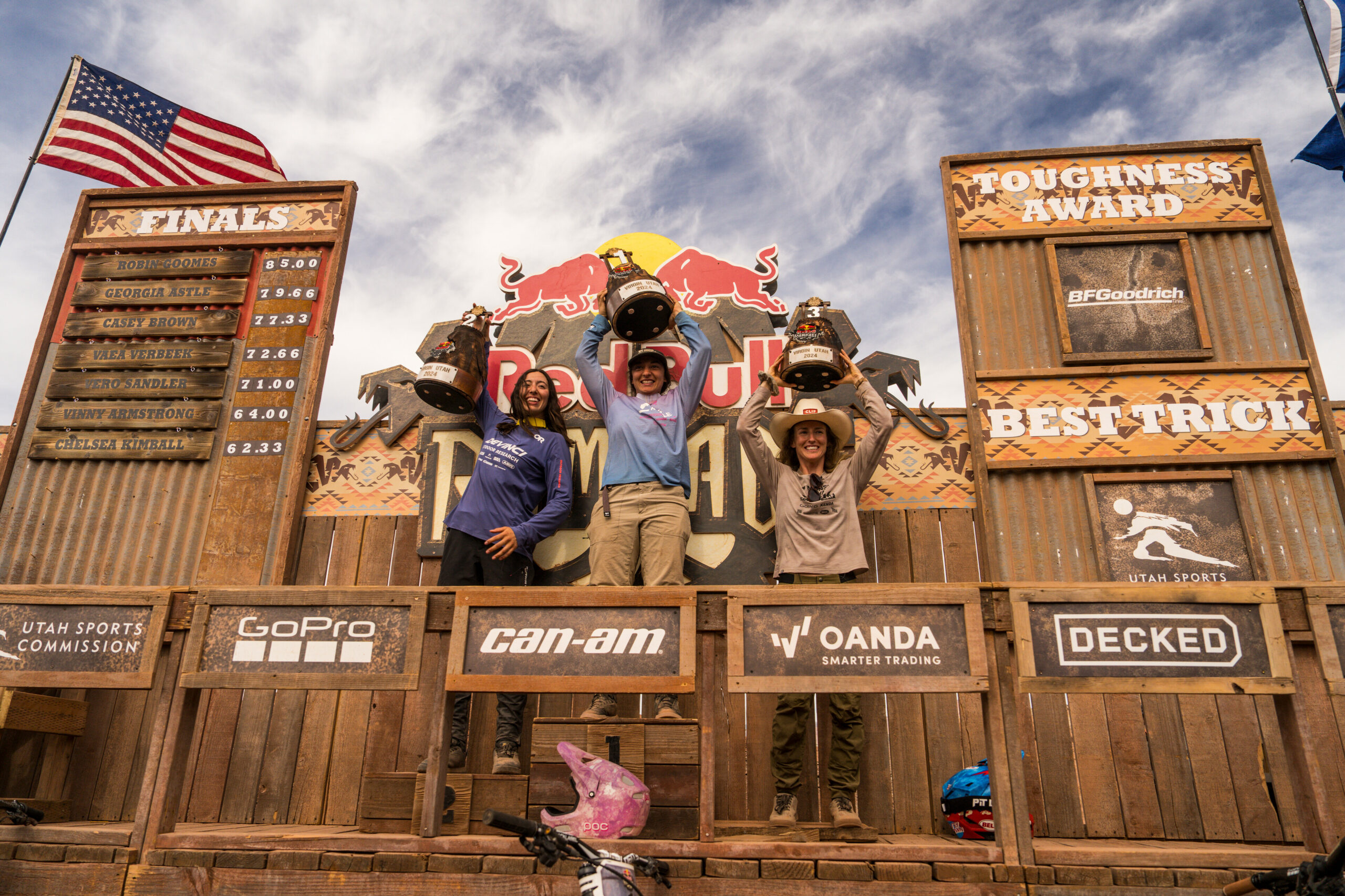 Georgia Astle, Robin Goomes, and Casey Brown on the podium during the women’s final at Red Bull Rampage in Virgin, Utah, USA on October 10, 2024. // Christian Pondella / Red Bull Content Pool // SI202410110009 // Usage for editorial use only //