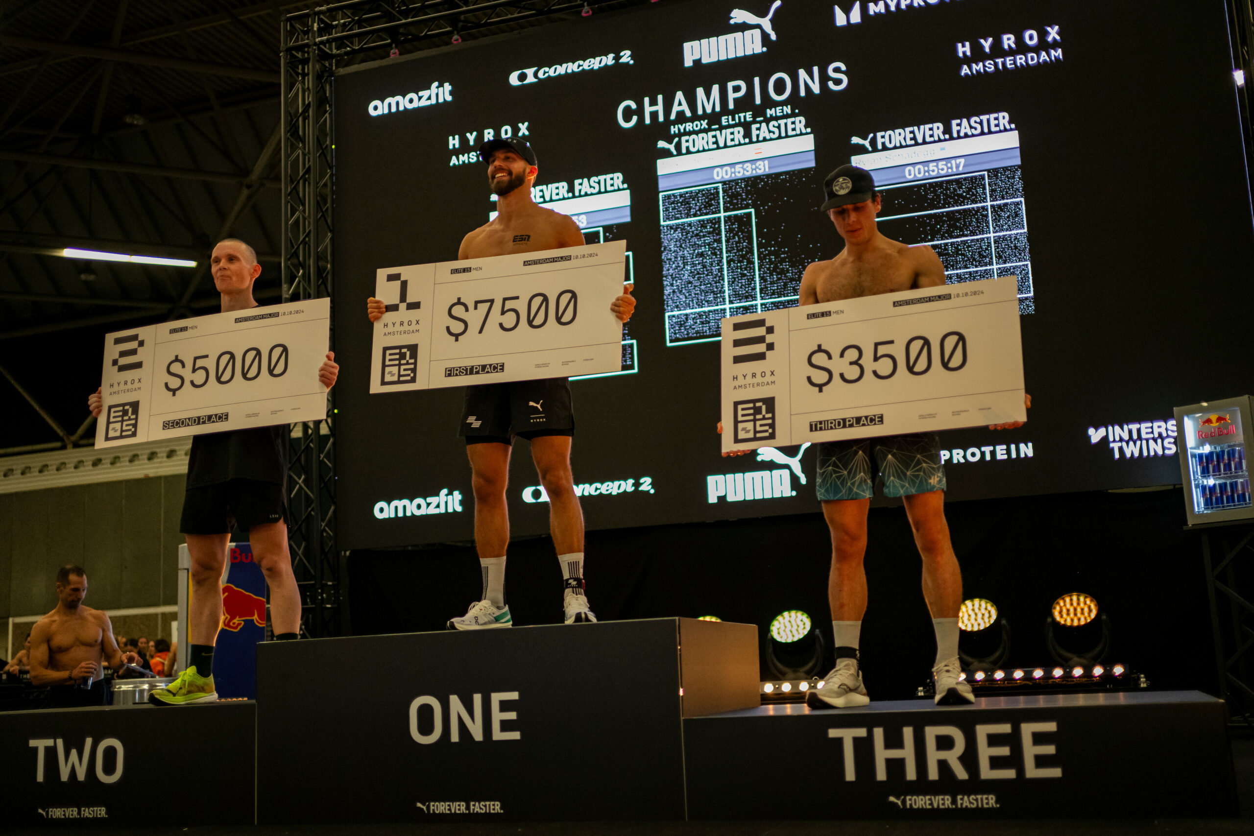 Alexander Roncevic, James Kelly and Rylan Schadegg seen during the Elite 15 at the Hyrox Major in Amsterdam, Netherlands on October 10, 2024. // SI202410110181 // Usage for editorial use only //