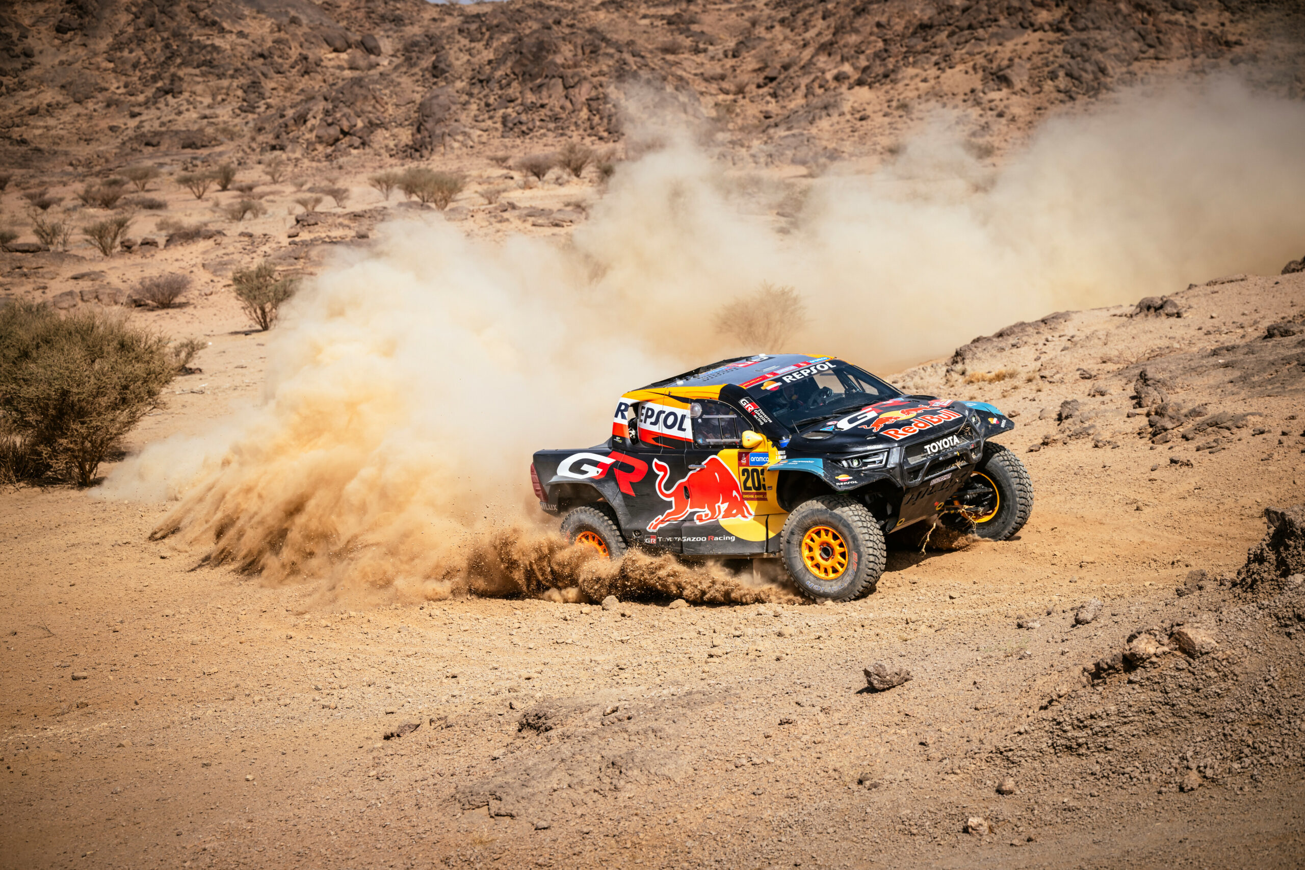 Lucas Moraes (BRA) and Armand Monleon (ESP) of team Toyota Gazoo Racing race during the prologue stage of Rally Dakar 2025 in Bisha, Saudi Arabia on January 03, 2025 // Marcelo Maragni / Red Bull Content Pool // SI202501030093 // Usage for editorial use only //