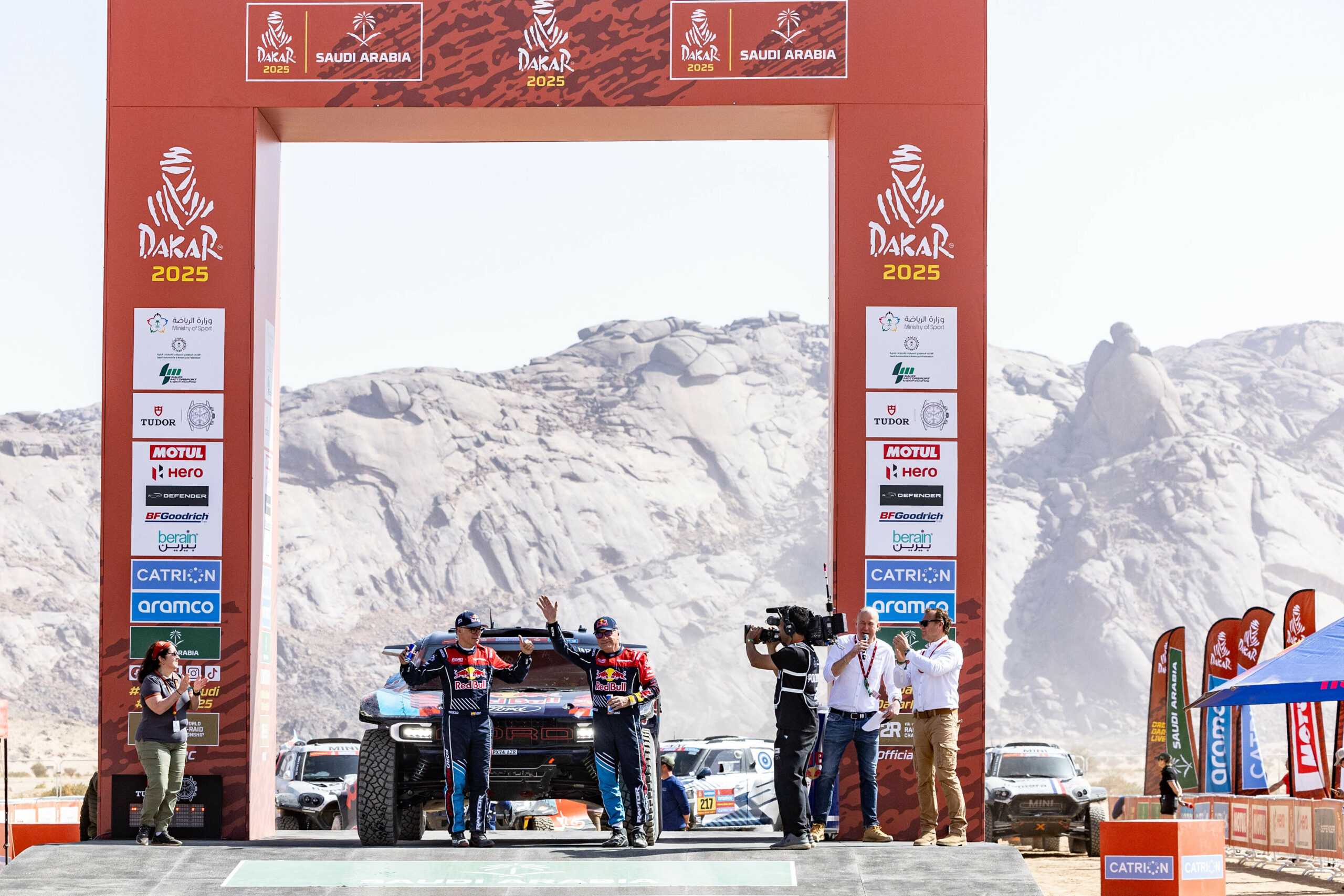 Carlos Sainz (ESP) and Lucas Cruz (ESP) for Ford M-Sport are seen at the prologue of Rally Dakar 2025 in Bisha, Saudi Arabia on January 03, 2025. // Kin Marcin / Red Bull Content Pool // SI202501030197 // Usage for editorial use only //