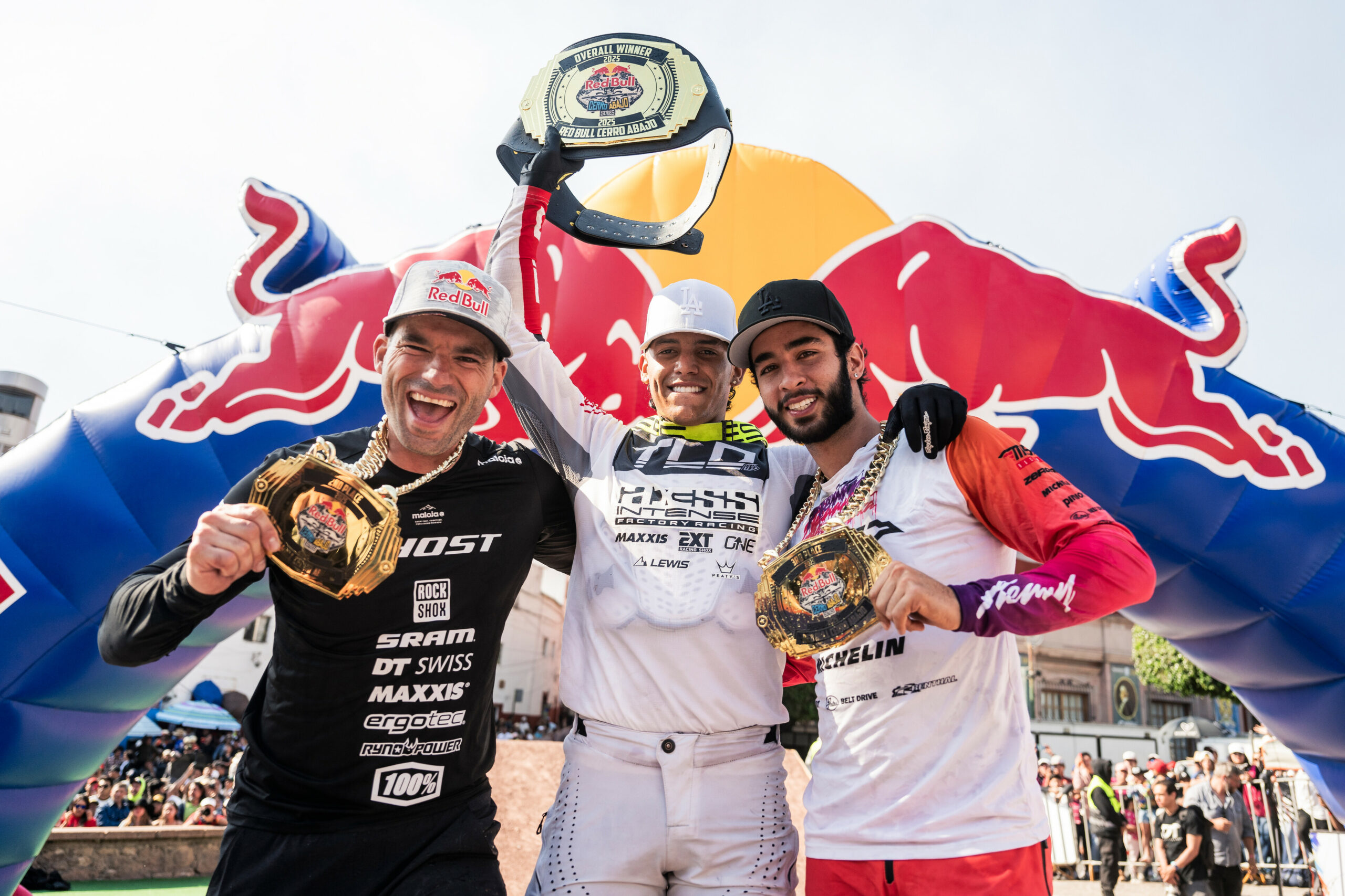 Tomas Slavik, Juan Velez, Sebastian Holguin celebrate at Red Bull Cerro Abajo in Guanajuato, Mexico on March 29, 2025 // Bartek Wolinski / Red Bull Content Pool // SI202503300041 // Usage for editorial use only //
