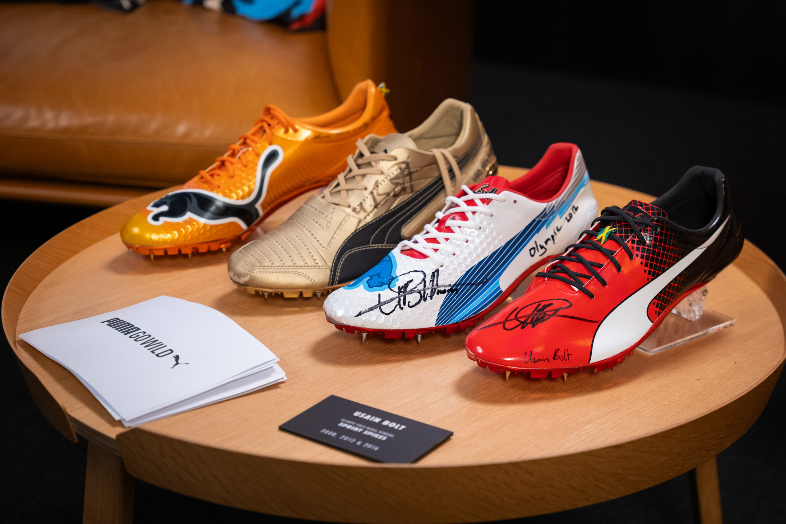 Legendary running shoe collection by Usain Bolt (JAM), seen during a podcast recording with former sprint and hurdling athlete Colin Jackson (GBR) at the PUMA HQ in Herzogenaurach (GER) on 31 March, 2025. Photocredit: Mauro Vitera / 3MPG. Images free of charge for editorial use. No advertising or marketing campaigns.