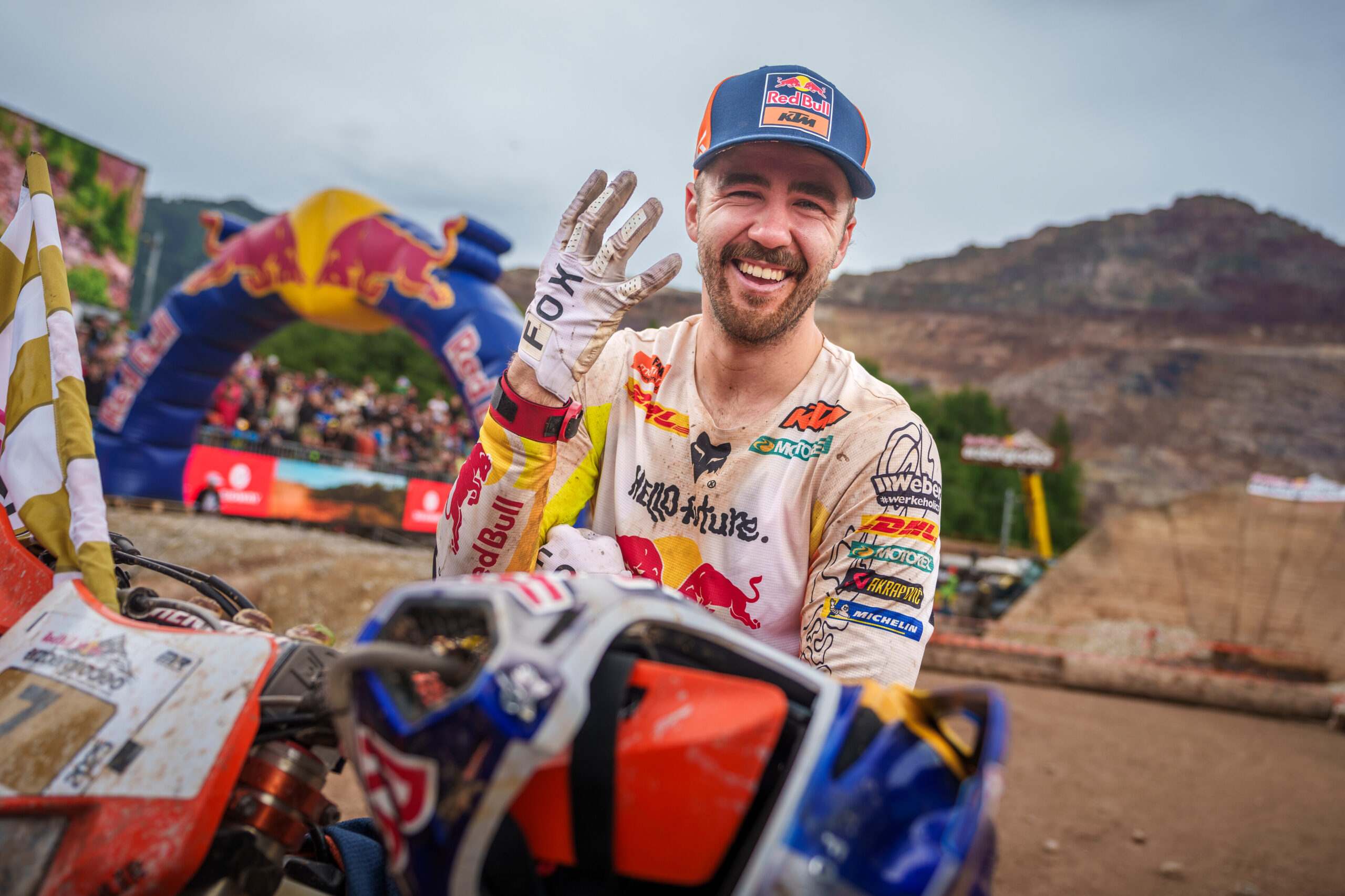 Manuel Lettenbichler celebrates his 4th win during the Red Bull Erzbergrodeo 2025 in Eisenerz, Austria on June 1, 2025 // Philip Platzer / Red Bull Content Pool // SI202506010459 // Usage for editorial use only //