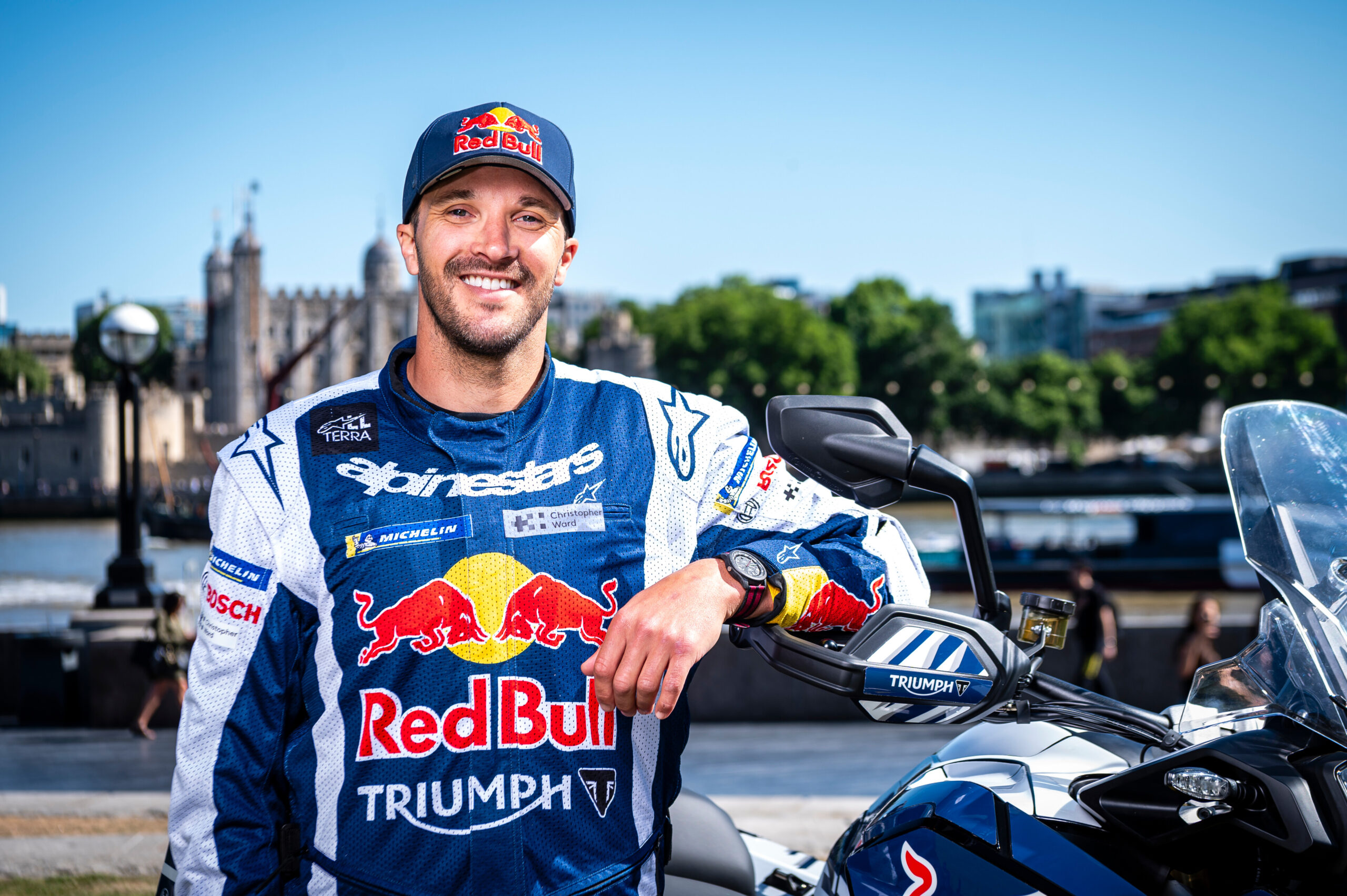 Sam Sunderland poses for a portrait ahead of his Race Around the World ride in London, United Kingdom on July 3, 2025. // Mark Roe / Red Bull Content Pool // SI202507080072 // Usage for editorial use only //