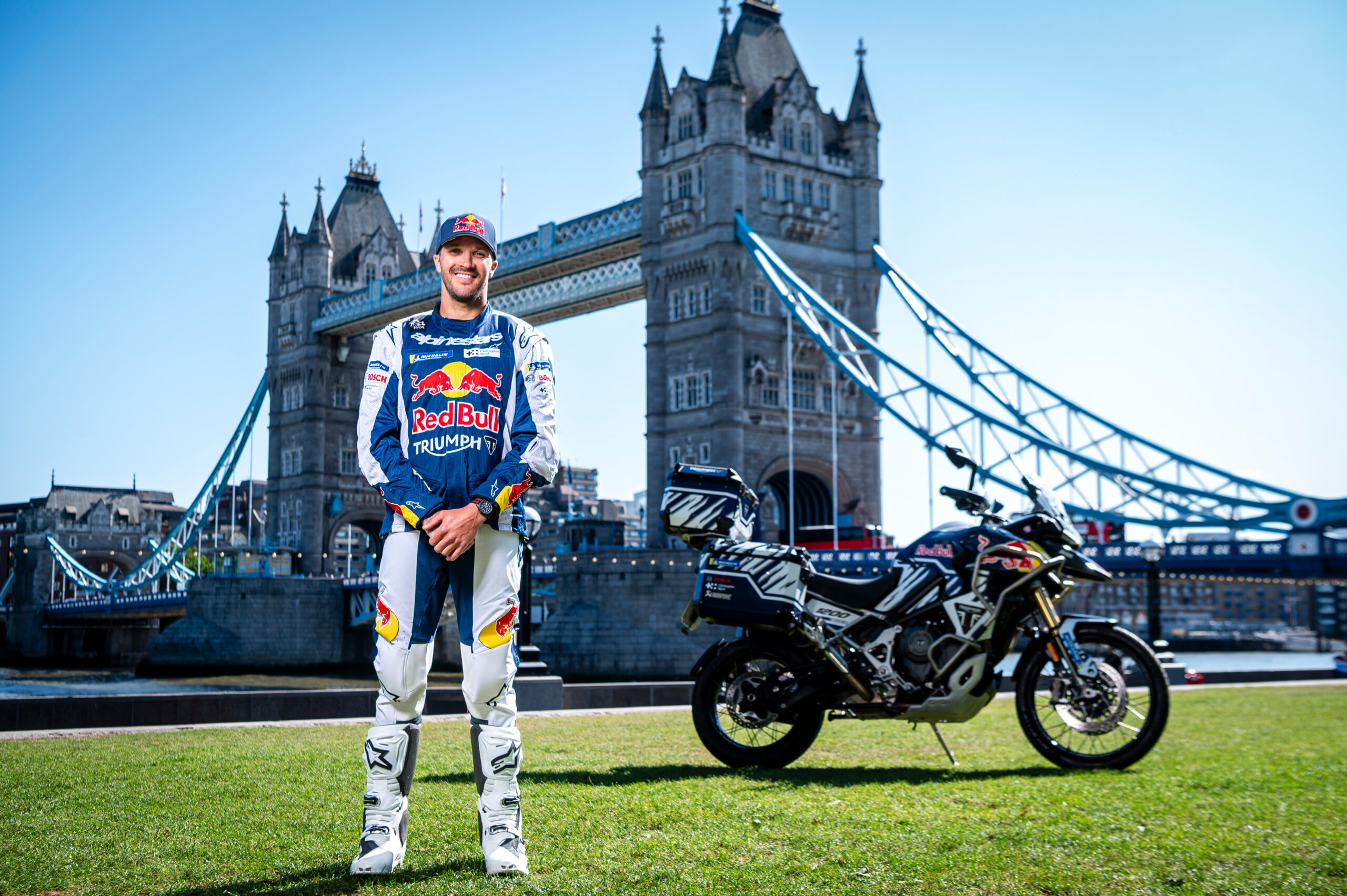Sam Sunderland poses for a portrait ahead of his Race Around the World ride in London, United Kingdom on July 3, 2025. // Mark Roe / Red Bull Content Pool // SI202507080073 // Usage for editorial use only //