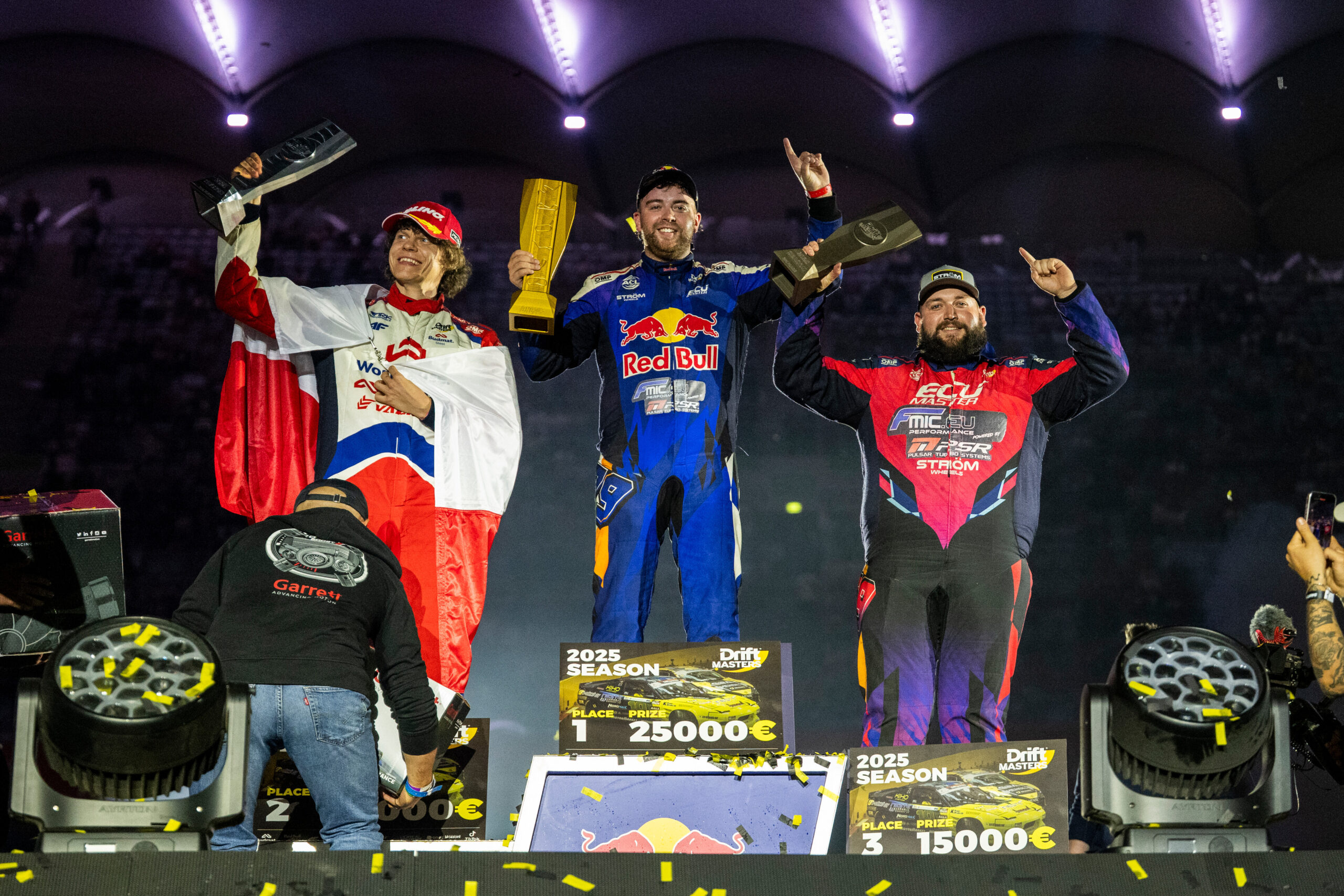Conor Shanahan, Piotr Wiecek and Jack Shanahan seen during the Red Bull Drift Masters Grand Finale in Warsaw, Poland on September 13, 2025. // Joerg Mitter / Red Bull Content Pool // SI202509131548 // Usage for editorial use only //
