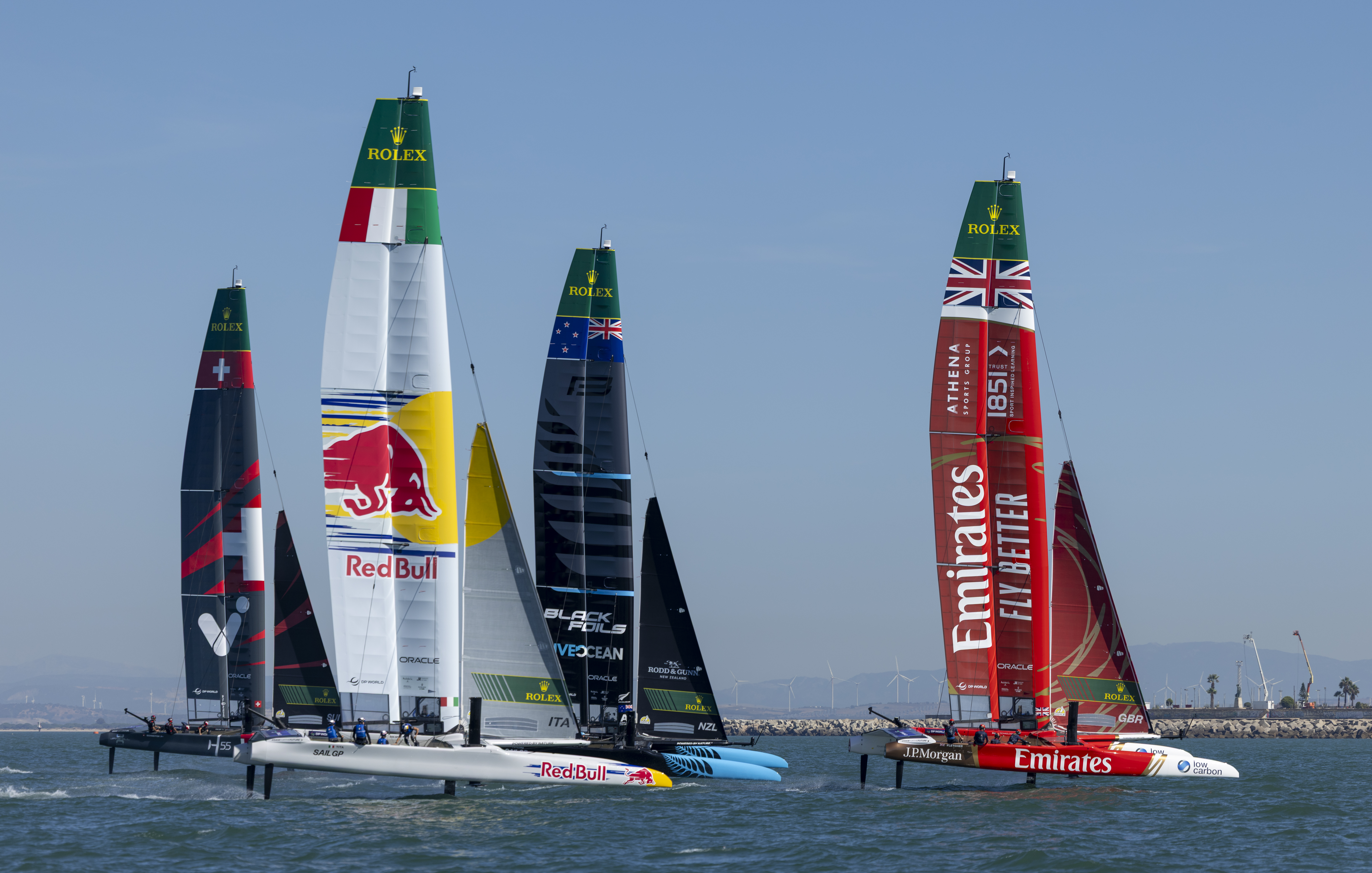The SailGP fleet led by Emirates Great Britain SailGP Team ahead of New Zealand SailGP Team, Red Bull Italy SailGP Team and Switzerland SailGP Team during practice racing ahead of the DP World Spain Sail Grand Prix held in Cadiz, Spain Friday 3 October 2025. Rolex SailGP Championship Event 11 2025 Season. Photo: Felix Diemer for SailGP. Handout image supplied by SailGP