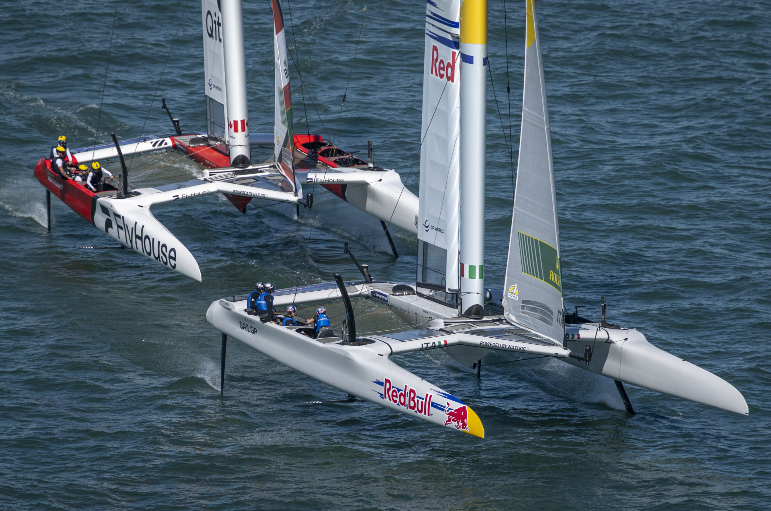Red Bull Italy SailGP Team helmed by Ruggero Tita leads Canada NorthStar SailGP Team helmed by Giles Scott during a practice session ahead of the DP World Spain Sail Grand Prix held in Cadiz, Spain Friday 3 October 2025. Rolex SailGP Championship Event 11 2025 Season. Photo: Samo Vidic for SailGP. Handout image supplied by SailGP