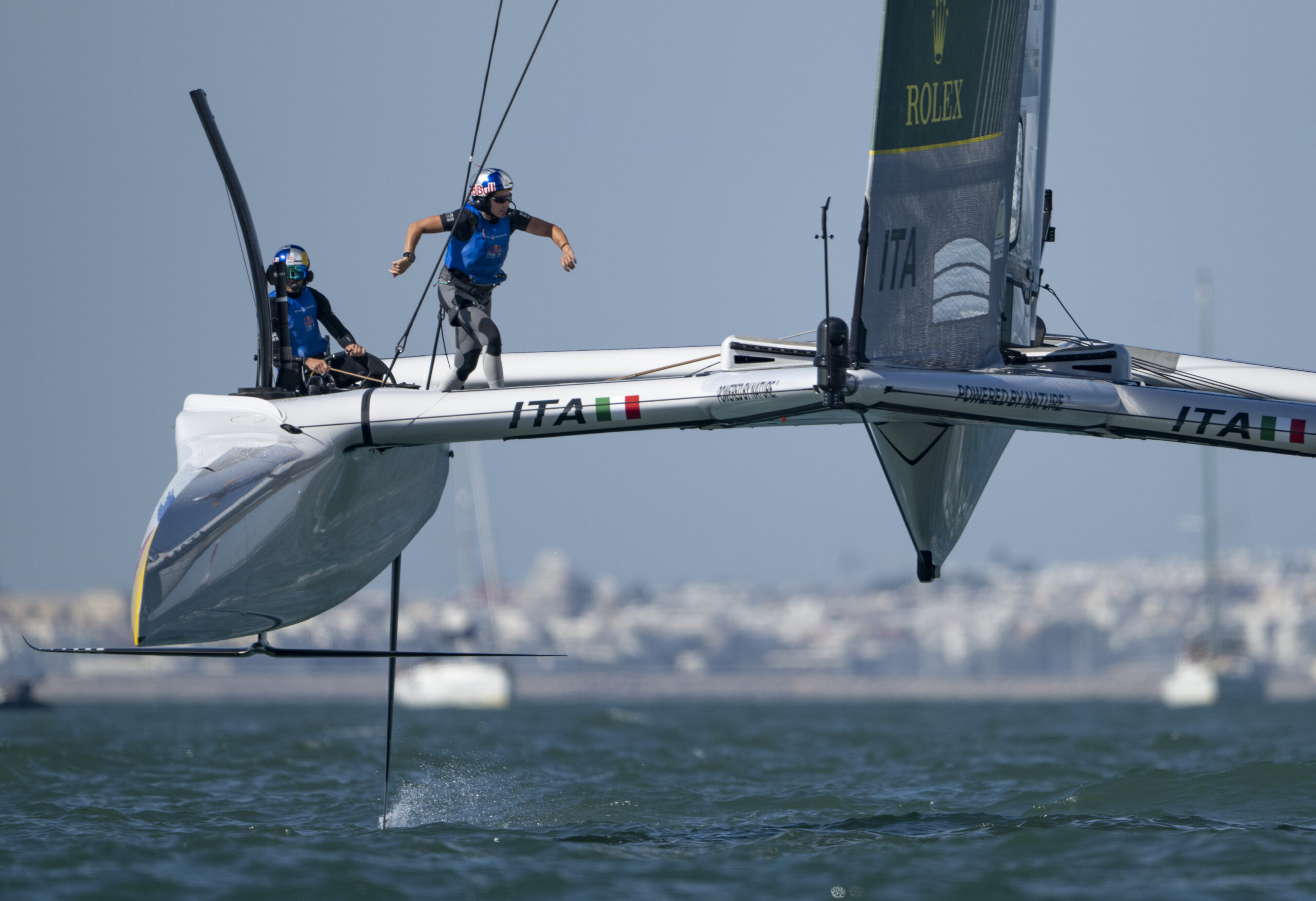 Maelle Frascari, strategist of Red Bull Italy SailGP Team, crosses the boat during a practice session ahead of the DP World Spain Sail Grand Prix held in Cadiz, Spain Friday 3 October 2025. Rolex SailGP Championship Event 11 2025 Season. Photo: Ricardo Pinto for SailGP. Handout image supplied by SailGP