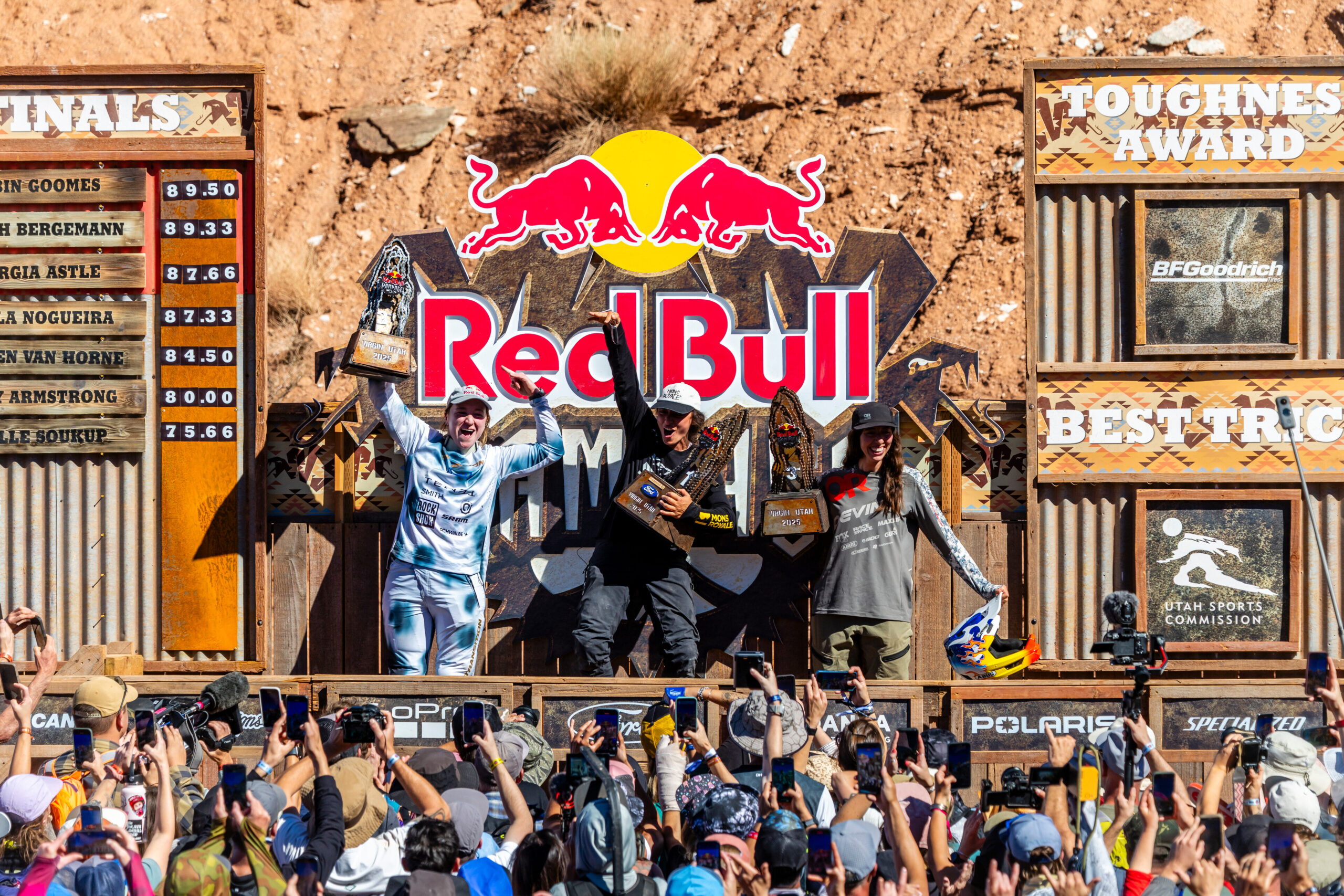 Robin Goomes, Hannah Bergemann and Georgia Astle competes at Red Bull Rampage in Virgin, Utah, USA on 17 October, 2025. // Long Nguyen / Red Bull Content Pool // SI202510171858 // Usage for editorial use only //