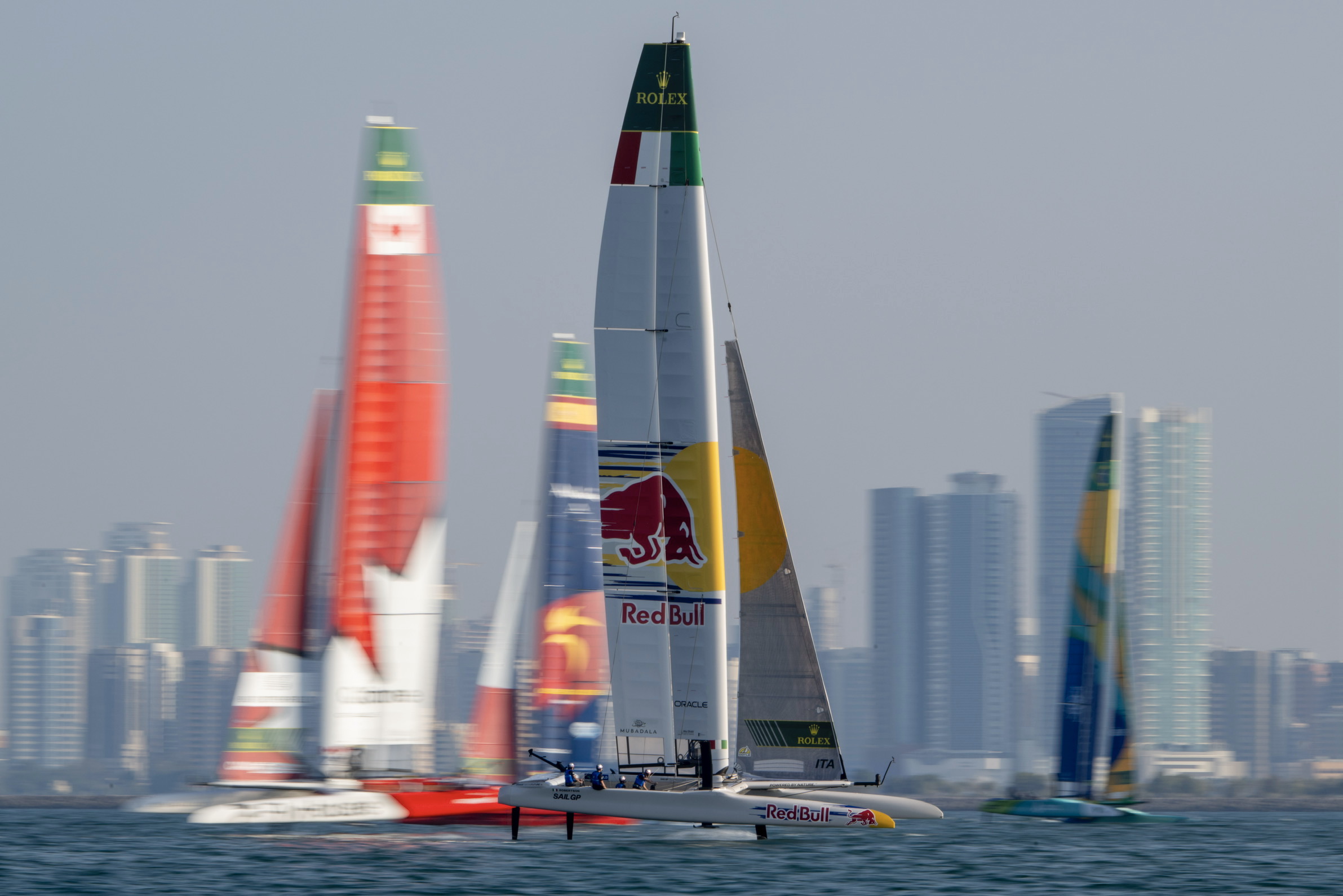 Red Bull Italy SailGP Team helmed by Phil Robertson in action during a practice session ahead of the Mubadala Abu Dhabi Sail Grand Prix 2025 Season Grand Final presented by Abu Dhabi Sports Council held in Abu Dhabi, United Arab Emirates, Thursday 27 November 2025. Rolex SailGP Championship Event 12 2025 Season. Photo: Ricardo Pinto for SailGP. Handout image supplied by SailGP