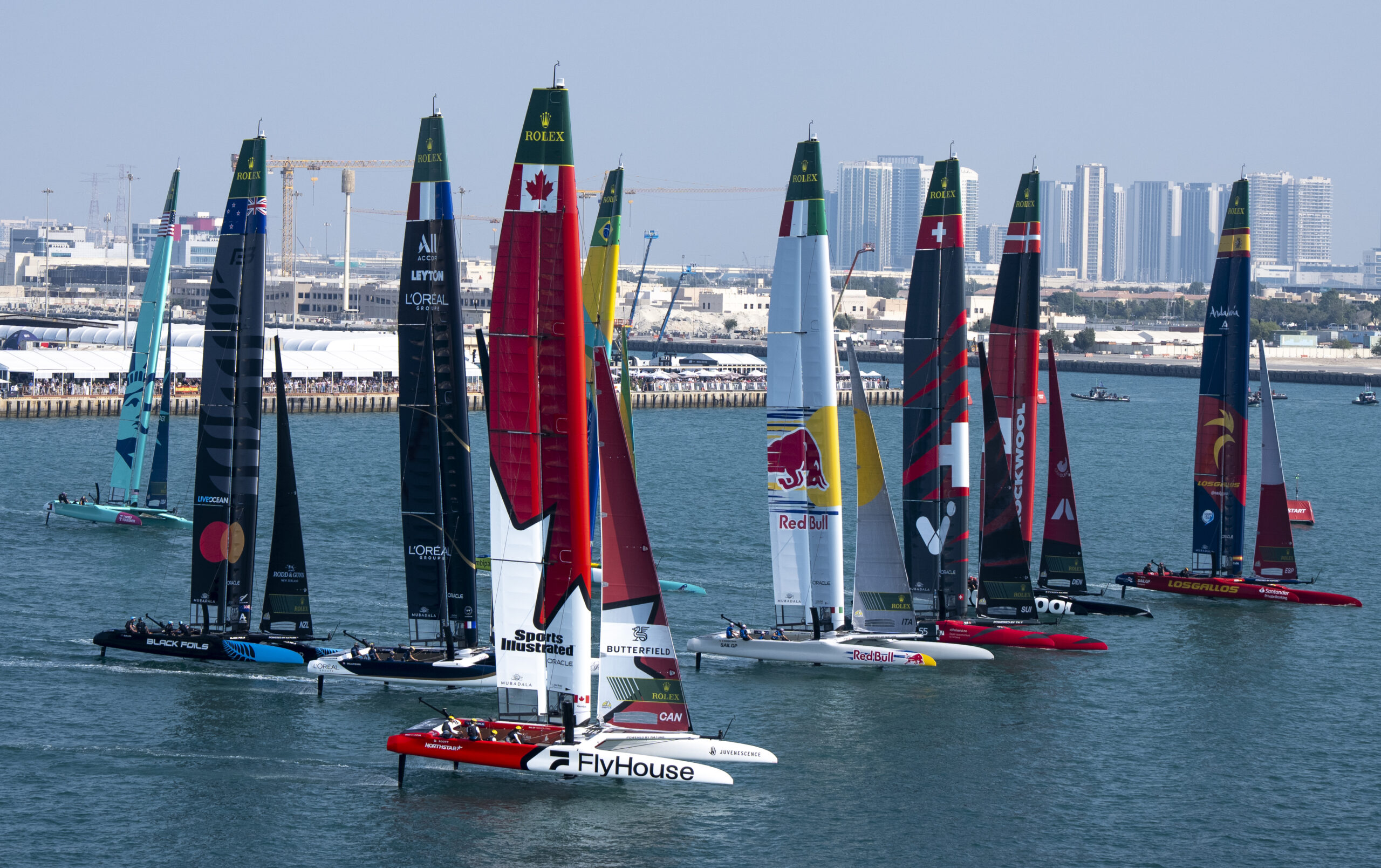 Aerial view of NORTHSTAR SailGP Team helmed by Giles Scott leading the SailGP F50 catamaran fleet, on Race Day 2 of the Mubadala Abu Dhabi Sail Grand Prix 2025 Season Grand Final presented by Abu Dhabi Sports Council held in Abu Dhabi, United Arab Emirates, Sunday 30 November 2025. Rolex SailGP Championship Event 12 2025 Season. Photo: Bob Martin for SailGP. Handout image supplied by SailGP