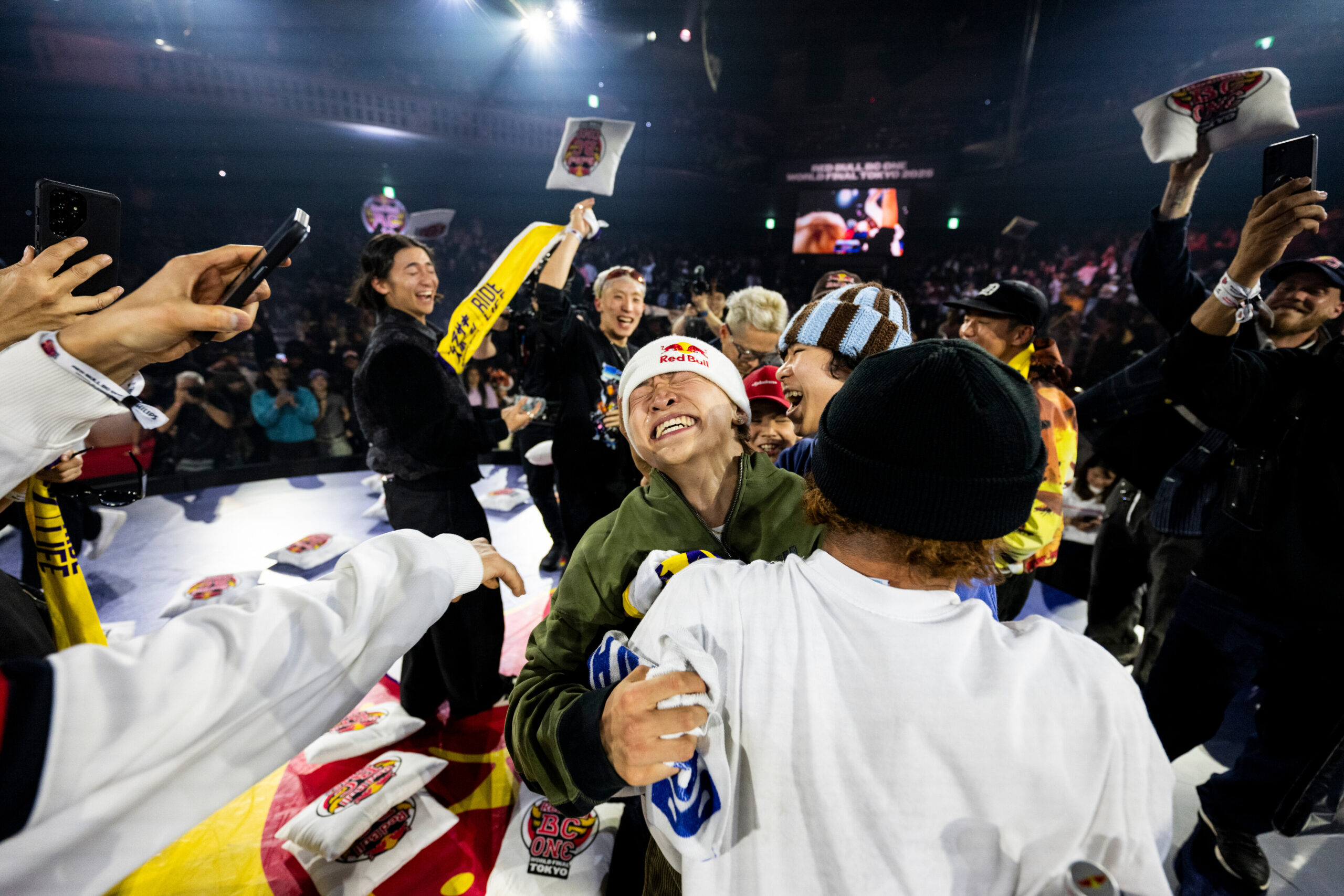 B-boy Issin of Japan celebrates winning the Red Bull BC One World Final at Ryogoku Kokugikan Sumo Arena, Tokyo, Japan on November 9, 2025. // Little Shao / Red Bull Content Pool // SI202511090330 // Usage for editorial use only //