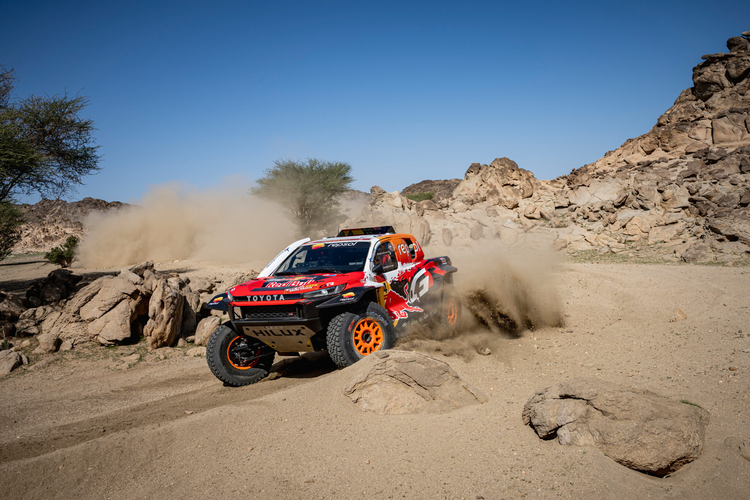 Toby Price (AUS) and Armand Monleon (ESP) of Toyoya Gazoo Racing W2RC race during the prologue stage of Rally Dakar 2026 in Yanbu, Saudi Arabia on January 03, 2026 // Marcelo Maragni / Red Bull Content Pool // SI202601030577 // Usage for editorial use only //