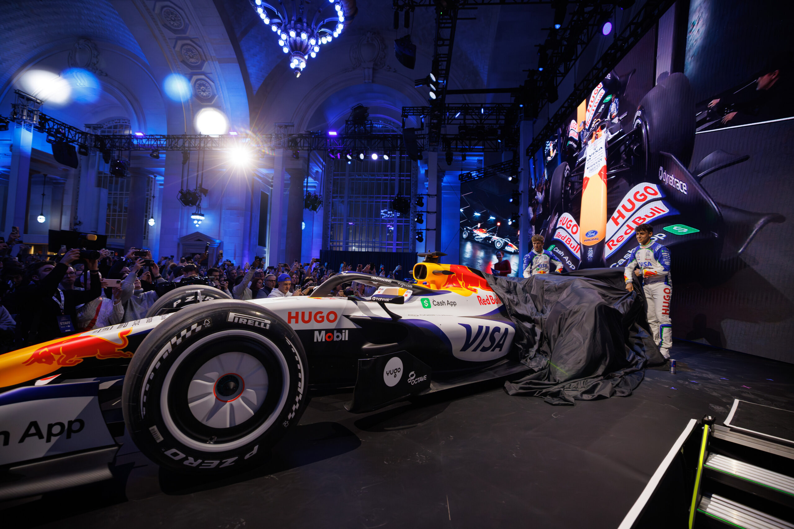 Liam Lawson and Arvid Lindblad at the Oracle Red Bull Racing and Visa Cash App Racing Bulls livery launch in Detroit, Michigan, USA on January 15, 2026. // Joe Gall / Red Bull Content Pool // SI202601160181 // Usage for editorial use only //