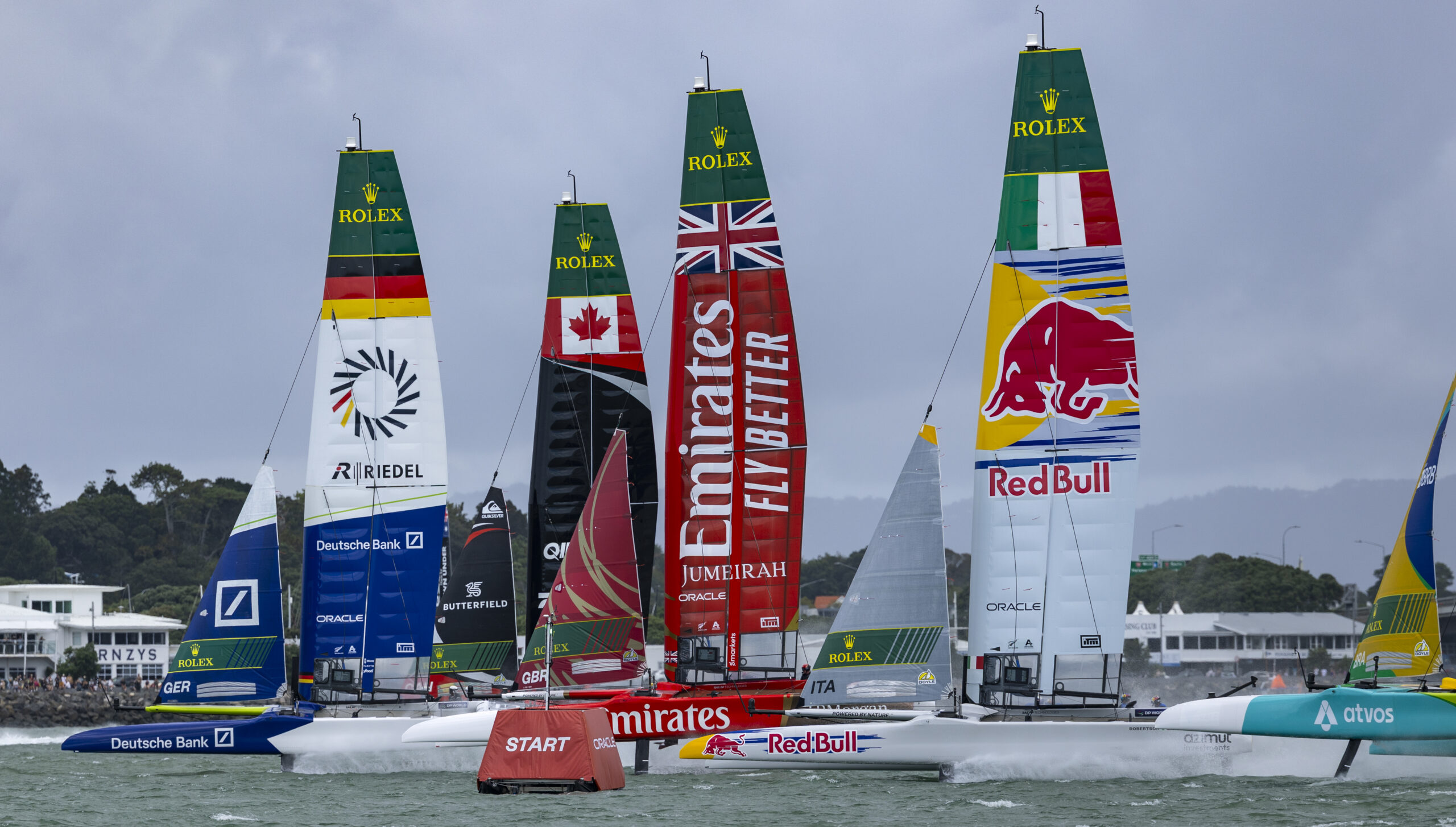 SailGP fleet led by Germany SailGP Team presented by Deutsche Bank ahead of Emirates Great Britain SailGP Team, and Red Bull Italy SailGP Team on Race Day 2 of the ITM New Zealand Sail Grand Prix in Auckland, New Zealand. Sunday 15 February 2026. Rolex SailGP Championship Event 2 2026 Season. Photo: Simon Bruty for SailGP. Handout image supplied by SailGP