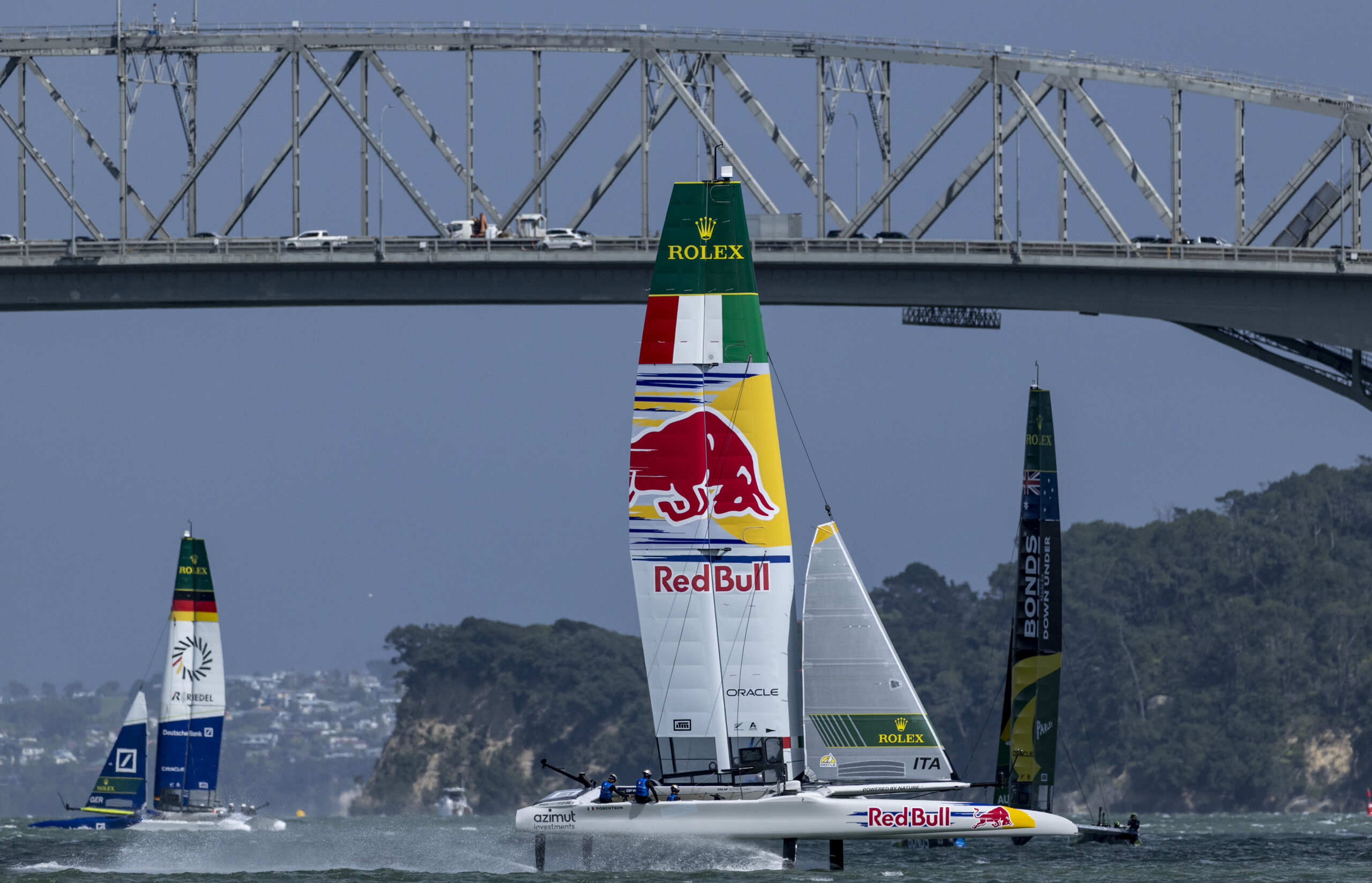 Red Bull Italy SailGP Team helmed by Phil Robertson in action ahead of racing on Race Day 2 of the ITM New Zealand Sail Grand Prix in Auckland, New Zealand. Sunday 15 February 2026. Rolex SailGP Championship Event 2 2026 Season. Photo: Simon Bruty for SailGP. Handout image supplied by SailGP
