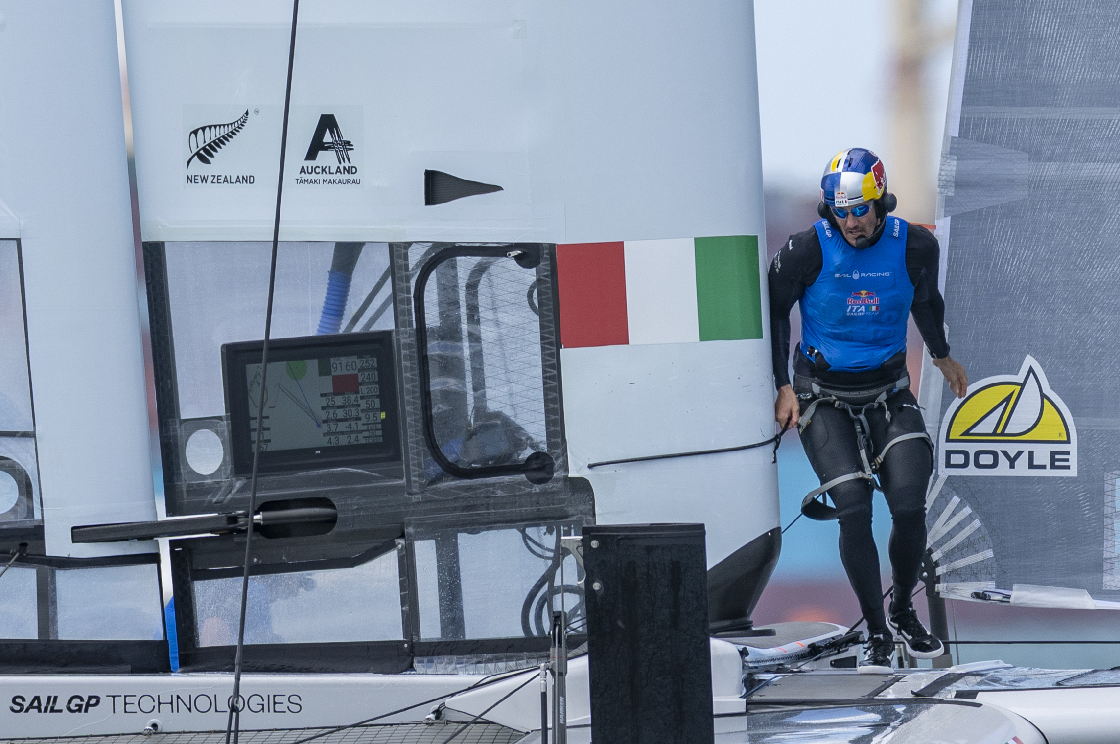 Enrico Voltolini, grinder of Red Bull Italy SailGP Team, crosses the boat during a manoeuvre on Race Day 2 of the ITM New Zealand Sail Grand Prix in Auckland, New Zealand. Sunday 15 February 2026. Rolex SailGP Championship Event 2 2026 Season. Photo: Simon Bruty for SailGP. Handout image supplied by SailGP