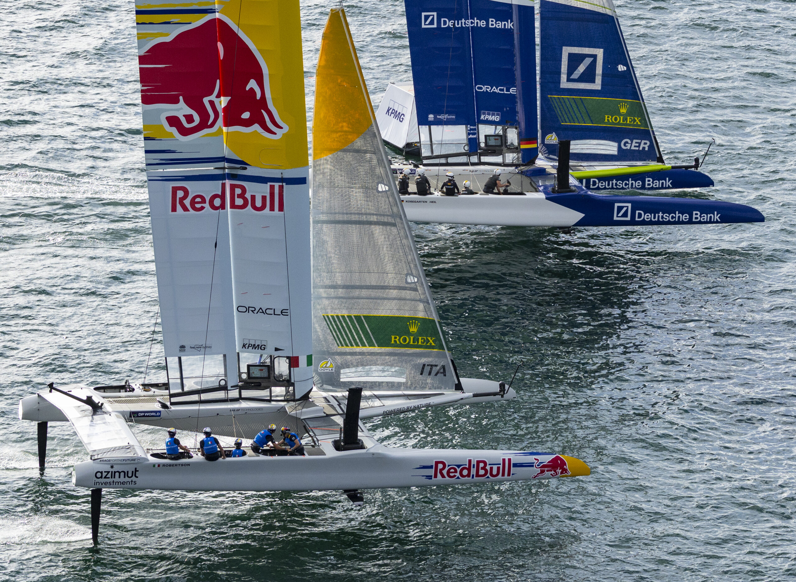 Red Bull Italy SailGP Team helmed by Phil Robertson alongside Germany SailGP Team presented by Deutsche Bank helmed by Erik Kosegarten Heil on Race Day 1 of the KPMG Australia Sail Grand Prix in Sydney, Australia. Saturday 28 February 2026. Rolex SailGP Championship Event 3 2026 Season. Photo: Felix Diemer for SailGP. Handout image supplied by SailGP