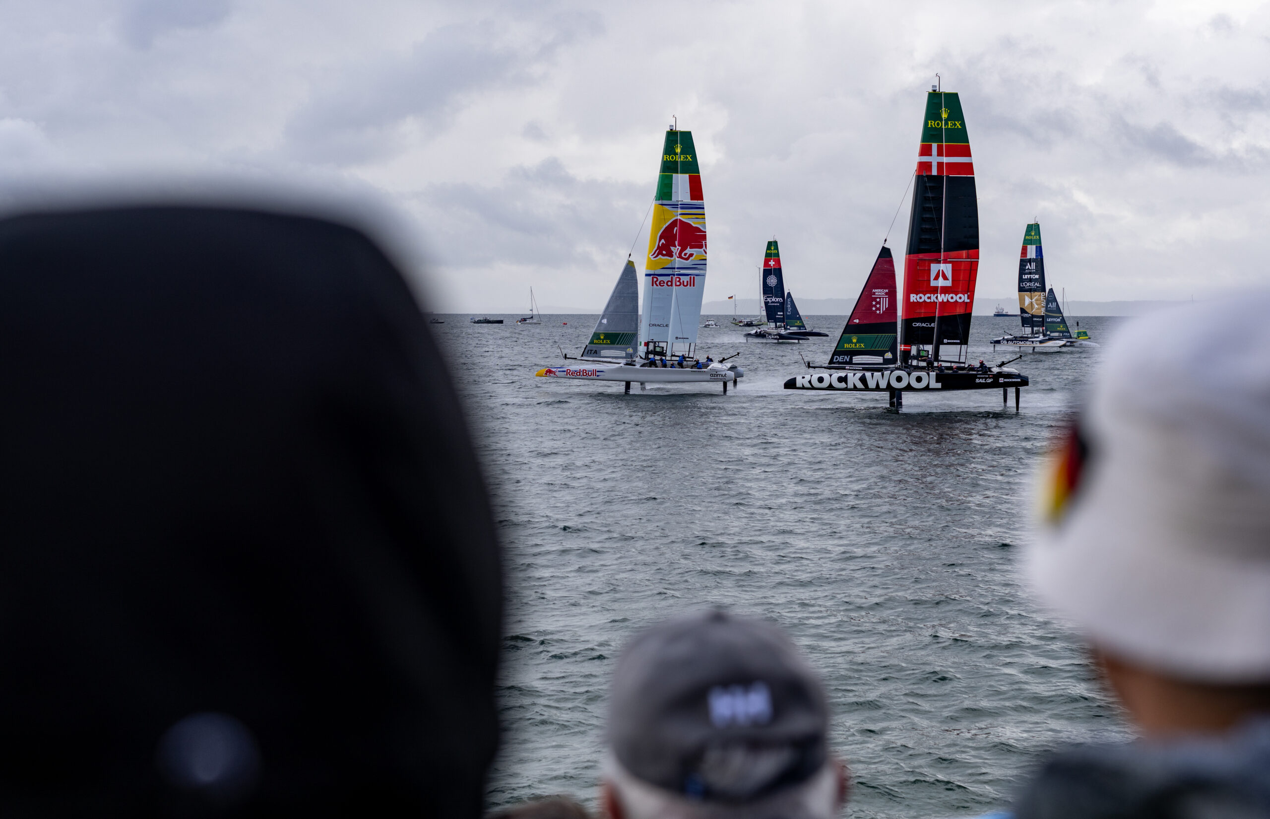 Red Bull Italy SailGP Team leads ROCKWOOL Racing SailGP Team, Explora Journeys Swiss SailGP Team and DS Automobiles SailGP Team France on Race Day 2 of the ROCKWOOL Germany Sail Grand Prix in Sassnitz, Germany. Sunday 23 August 2026. Rolex SailGP Championship Event 9 2026 Season. Photo: Benjamin Rosewall for SailGP. Handout image supplied by SailGP