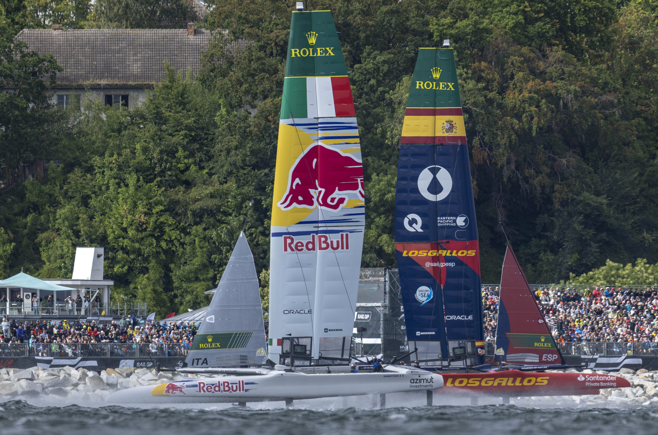 Red Bull Italy SailGP Team driven by Phil Robertson races alongside Los Gallos SailGP Team driven by Diego Botin on Race Day 1 of the ROCKWOOL Germany Sail Grand Prix in Sassnitz, Germany. Saturday 22 August 2026. Rolex SailGP Championship Event 9 2026 Season. Photo: Felix Diemer for SailGP. Handout image supplied by SailGP