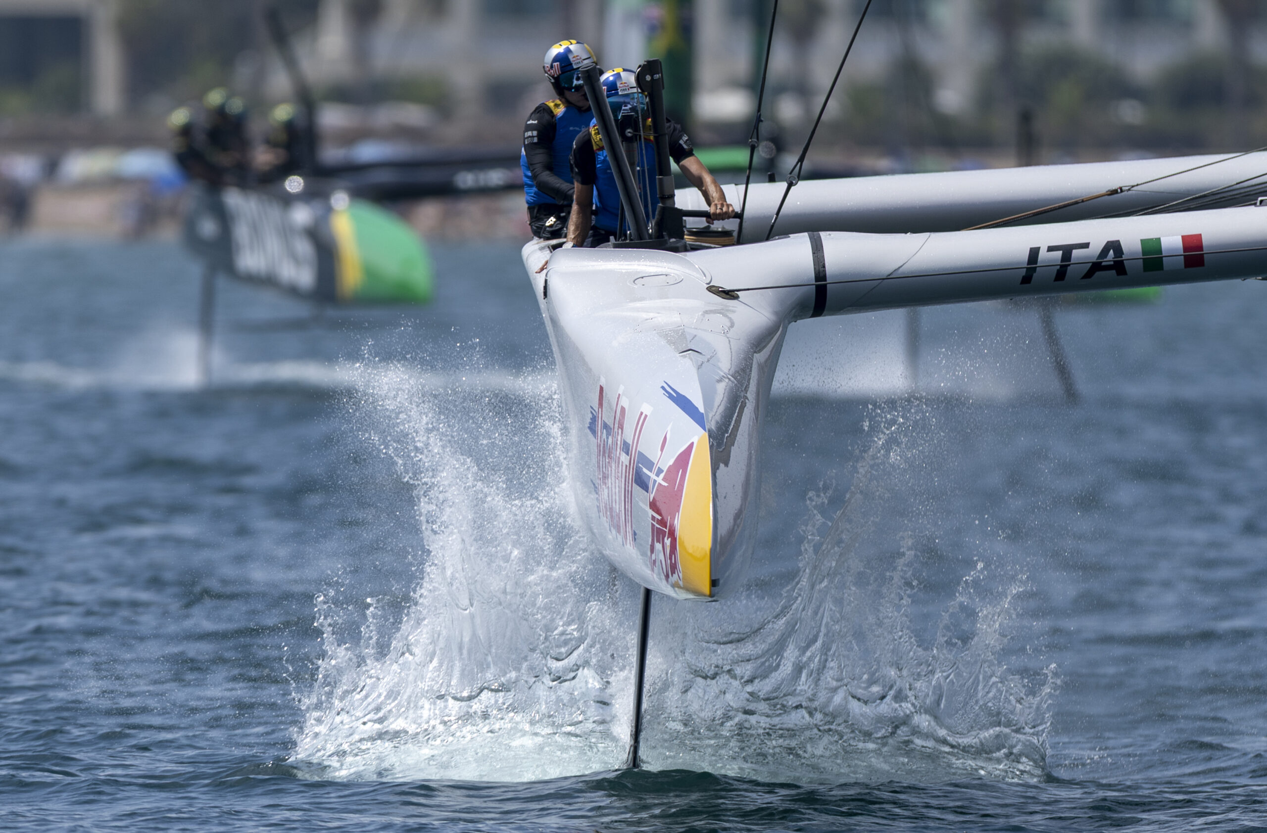 Phil Robertson, driver of Red Bull Italy SailGP Team, controls the wheel on Race Day 1 of the Spain Sail Grand Prix in Valencia, Spain. Saturday 5 September 2026. Rolex SailGP Championship Event 10 2026 Season. Photo: Felix Diemer for SailGP. Handout image supplied by SailGP