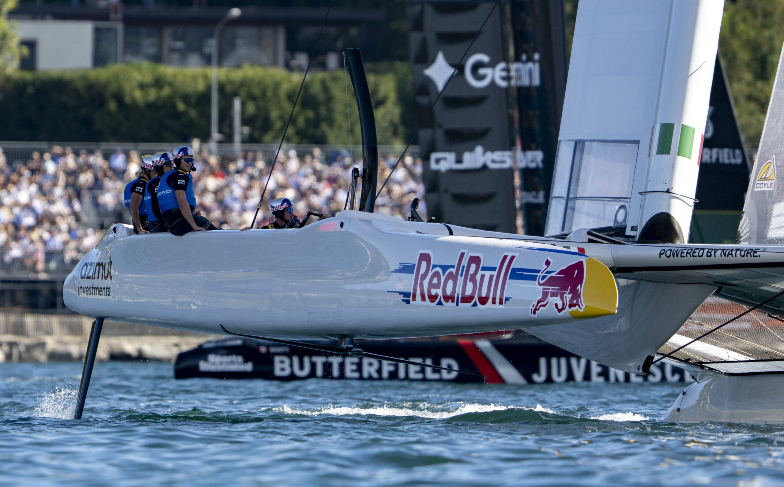 Red Bull Italy SailGP Team driven by Phil Robertson in action on Race Day 1 of the Switzerland Sail Grand Prix in Geneva, Switzerland. Saturday 19 September 2026. Rolex SailGP Championship Event 11 2026 Season. Photo: Jonathan Nackstrand for SailGP. Handout image supplied by SailGP