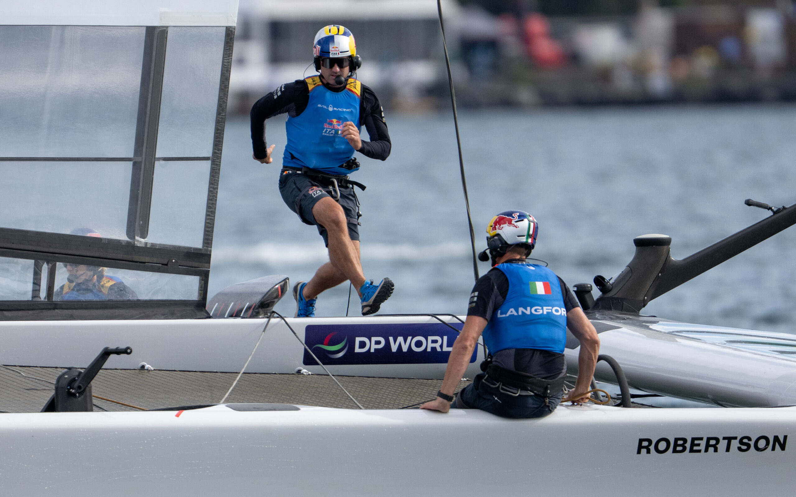 Phil Robertson, driver of Red Bull Italy SailGP Team, and Kyle Langford, wing trimmer of Red Bull Italy SailGP Team, in action on Race Day 2 of the Switzerland Sail Grand Prix in Geneva, Switzerland. Sunday 20 September 2026. Rolex SailGP Championship Event 11 2026 Season. Photo: Jonathan Nackstrand for SailGP. Handout image supplied by SailGP